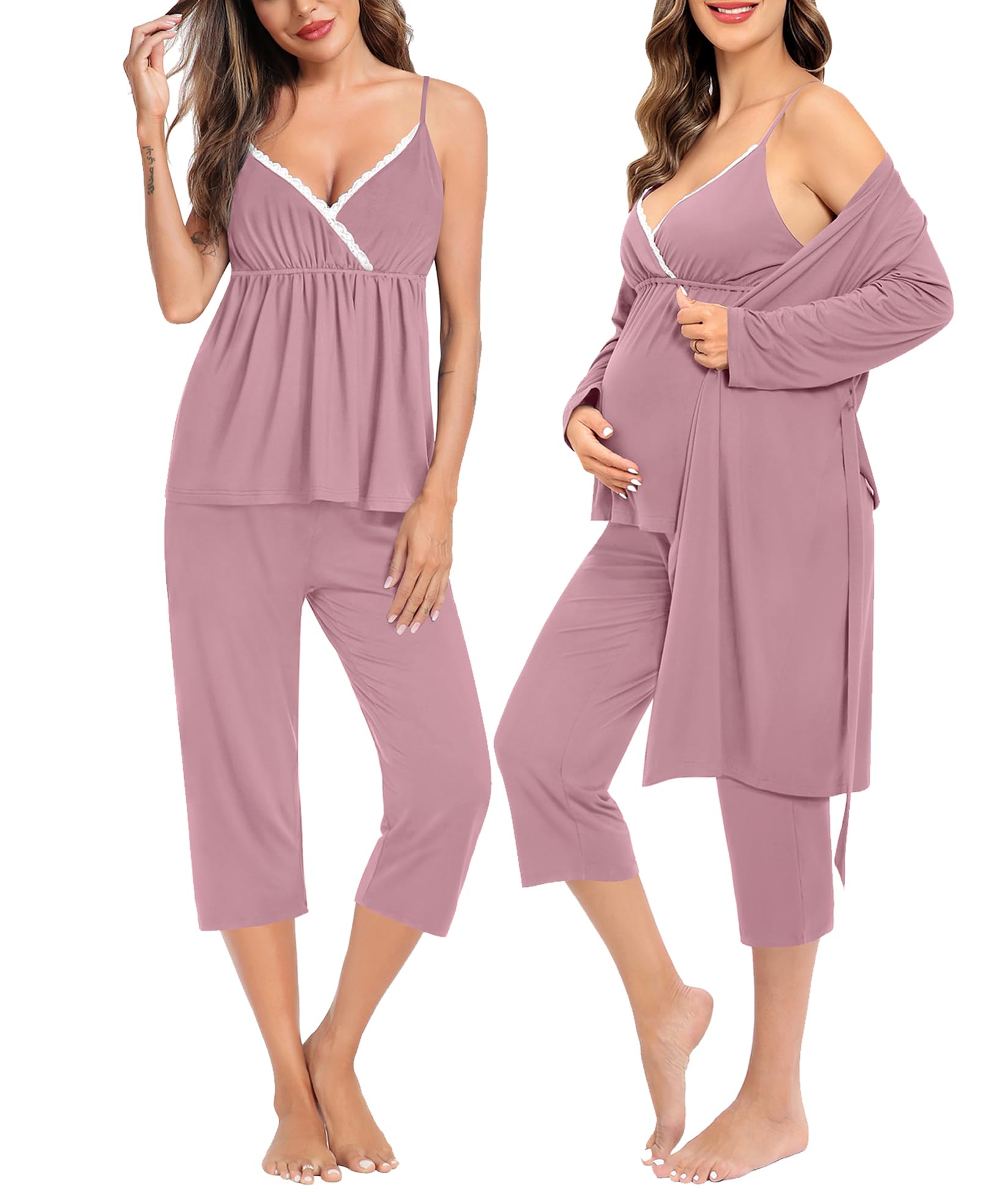 SWOMOG 3-Piece Maternity Nursing Robe Set - Breastfeeding Pajamas for Labor, Delivery & Postpartum - Soft Nursing Sleepwear for Pregnant Women | Perfect for Hospital Stay, Night Feeding & Comfortable Pregnancy Sleep