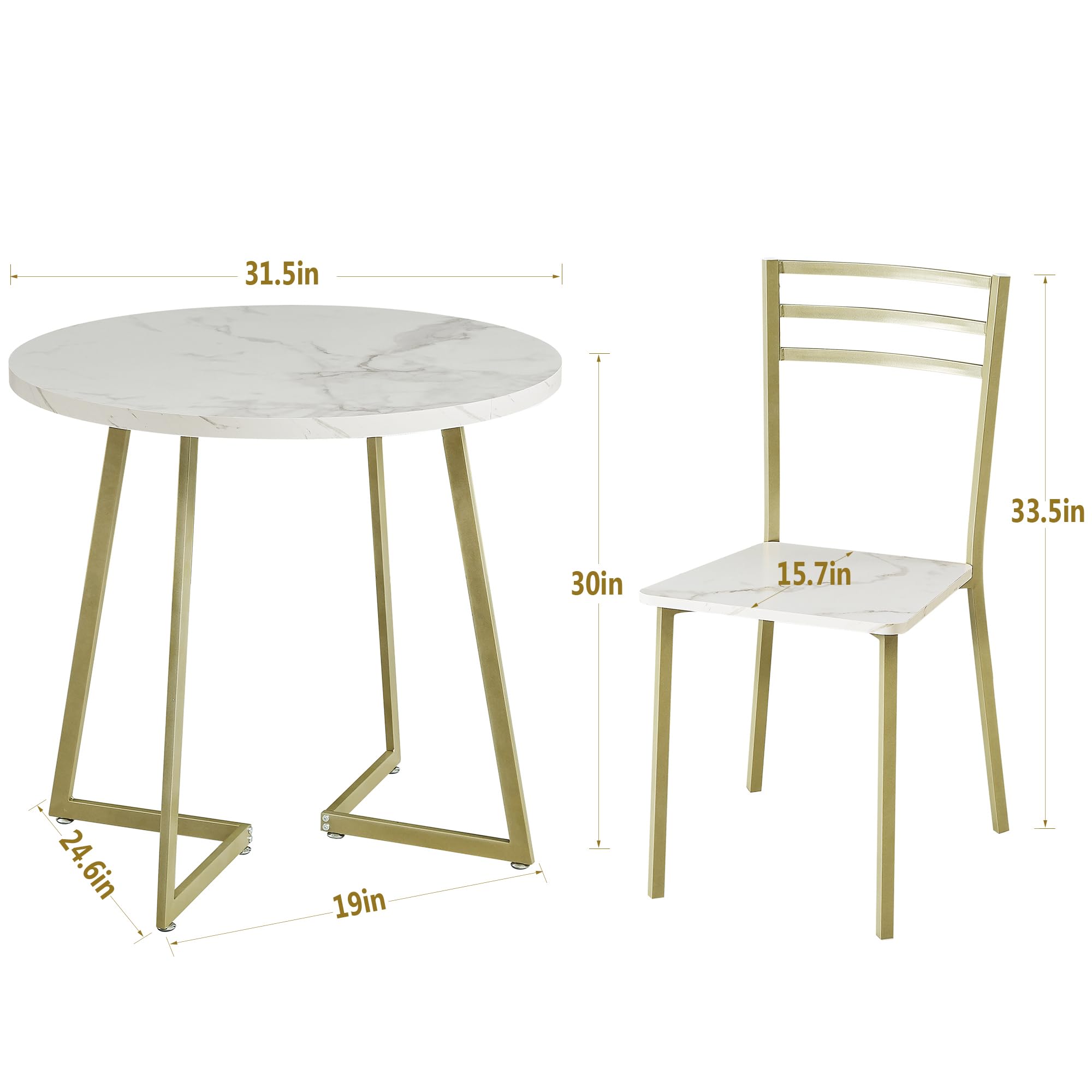 VECELO 2-Person Small Round Dining Table Set with Wood Tabletop & Sturdy Metal Frame - Modern Kitchen Dinette, Breakfast Nook & Living Room Furniture in White & Gold - Perfect for Small Spaces, Apartments & Cozy Dining Areas
