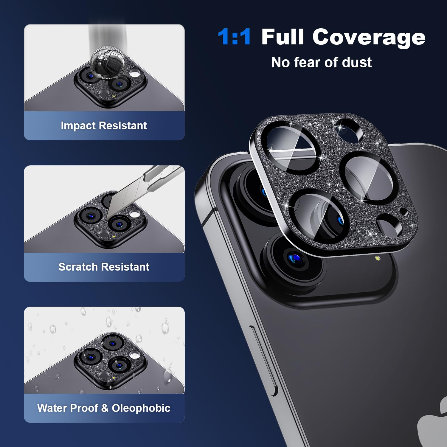 Premium Tempered Glass Camera Lens Protector for iPhone 15 Pro & Pro Max - Diamond Sparkle Glitter Black | Military-Grade Drop Protection | Full Coverage Metal Frame | Perfect for Outdoor Adventures, Travel & Everyday Use