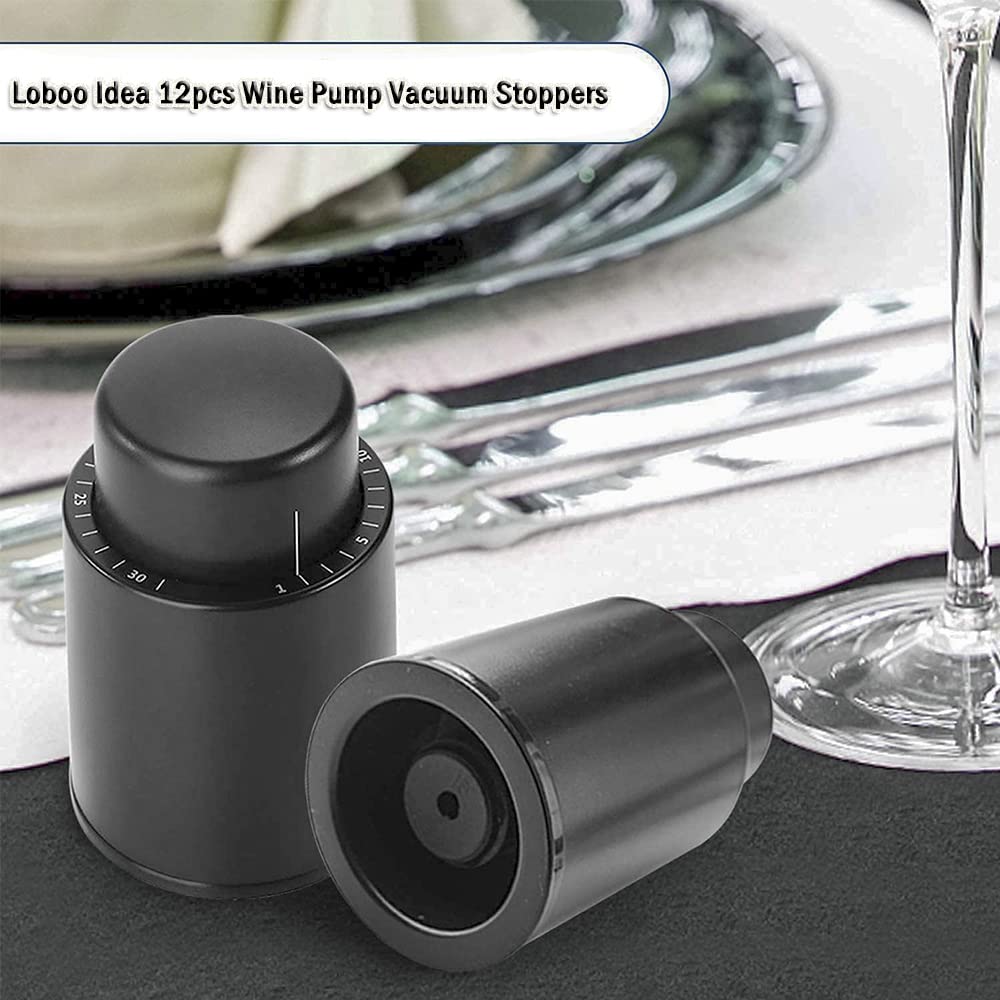Loboo Idea Wine Vacuum Pump Stoppers - Vacuum Sealer Stoppers for Glass Bottles (Black, Large - 12 Pack) - Preserve Wine Freshness for Parties & Home Bars