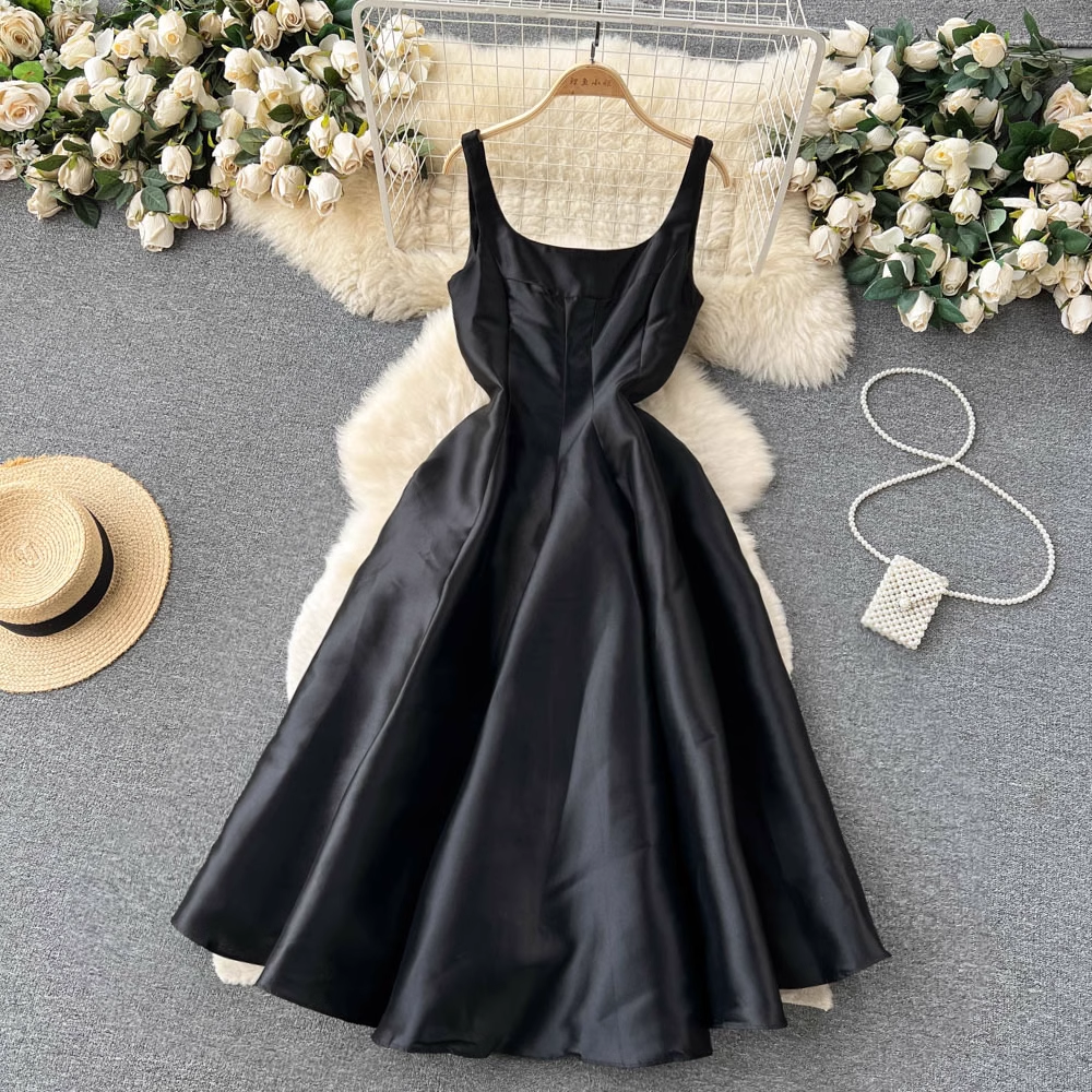 French Square Neck Midi Sleeveless Dress - Elegant Summer Flowy Dress for Women, Perfect for Beach Vacations, Weddings & Date Nights