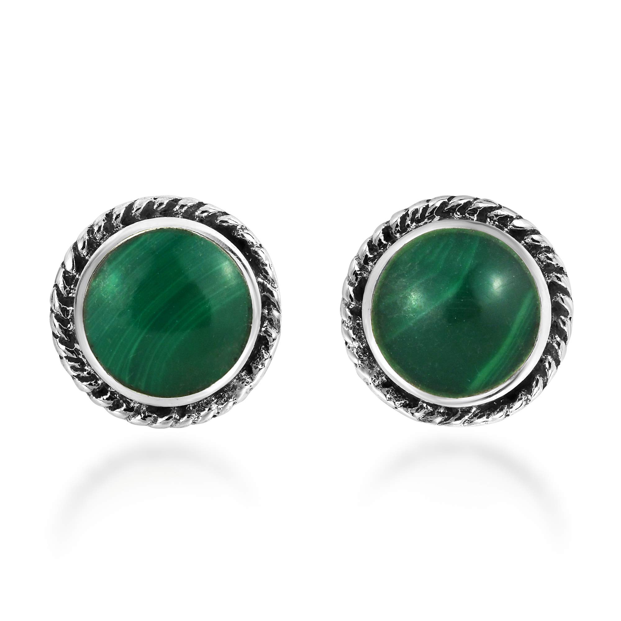 Boho Round Button Malachite .925 Sterling Silver Stud Earrings for Women – Green Gemstone Jewelry, Dainty Boho Earrings for Everyday Wear & Gift Giving