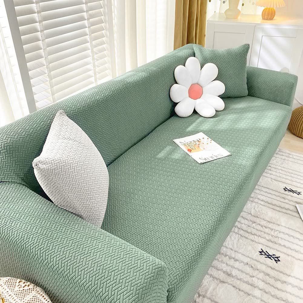 Soft Velvet Stretch Sofa Slipcover - Non-Skid Elastic Couch Cover for 4-Seater Sectional Sofas (235-300cm) | Furniture Protector for Living Room, Family Room & Home Decor | Green