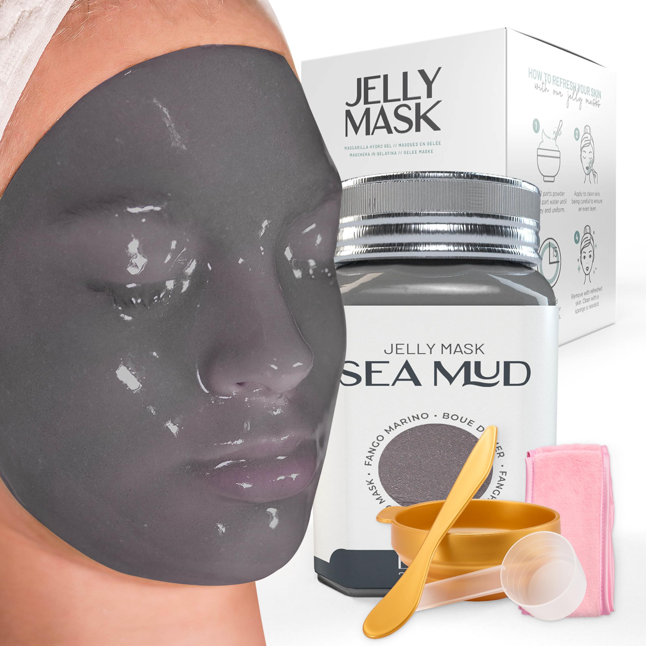BRÜUN Jelly Mask Jar - Sea Mud Peel-Off Face Mask for Deep Cleansing & Moisturizing | 23 fl oz Skin Care Gel Mask with Spa Kit | Perfect for At-Home Facial Treatments & Self-Care Routine