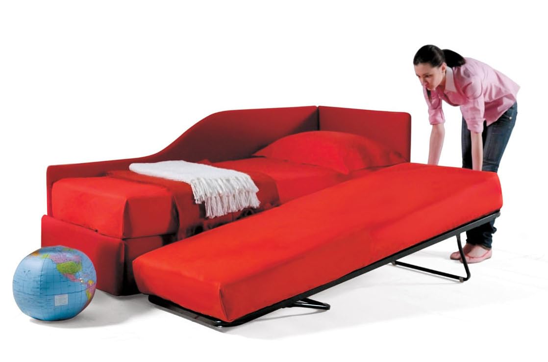 Jolly Single Bed Frame with Left Contoured Corner & Removable Manual Net - 190 x 80 cm Top Net - Includes Mattress - Red - 100% Made in Italy - Perfect for Small Bedrooms, Guest Rooms & Modern Apartments