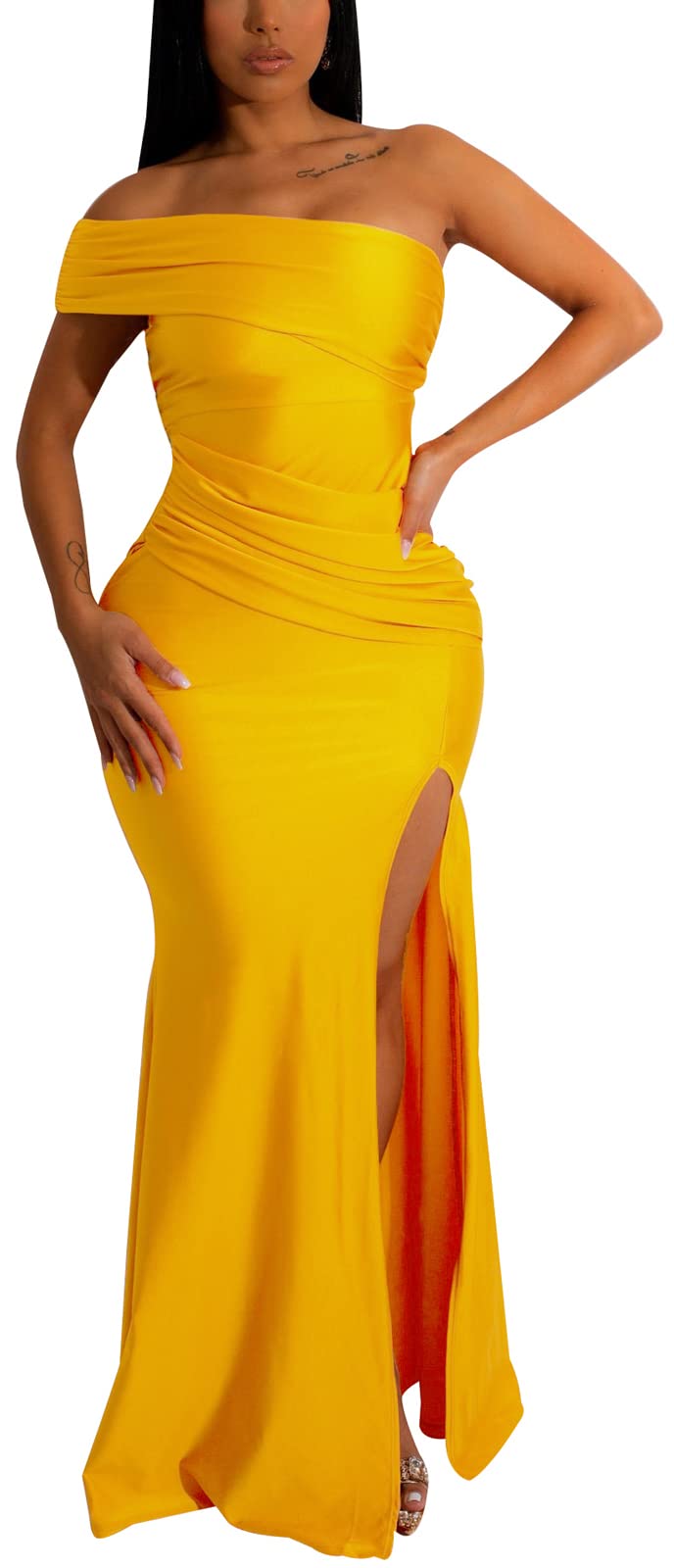 Elegant Women's Formal Long Sleeve Evening Dress - One Shoulder Sexy Cocktail Gown with High Split for Party, Prom, Wedding & Special Occasions