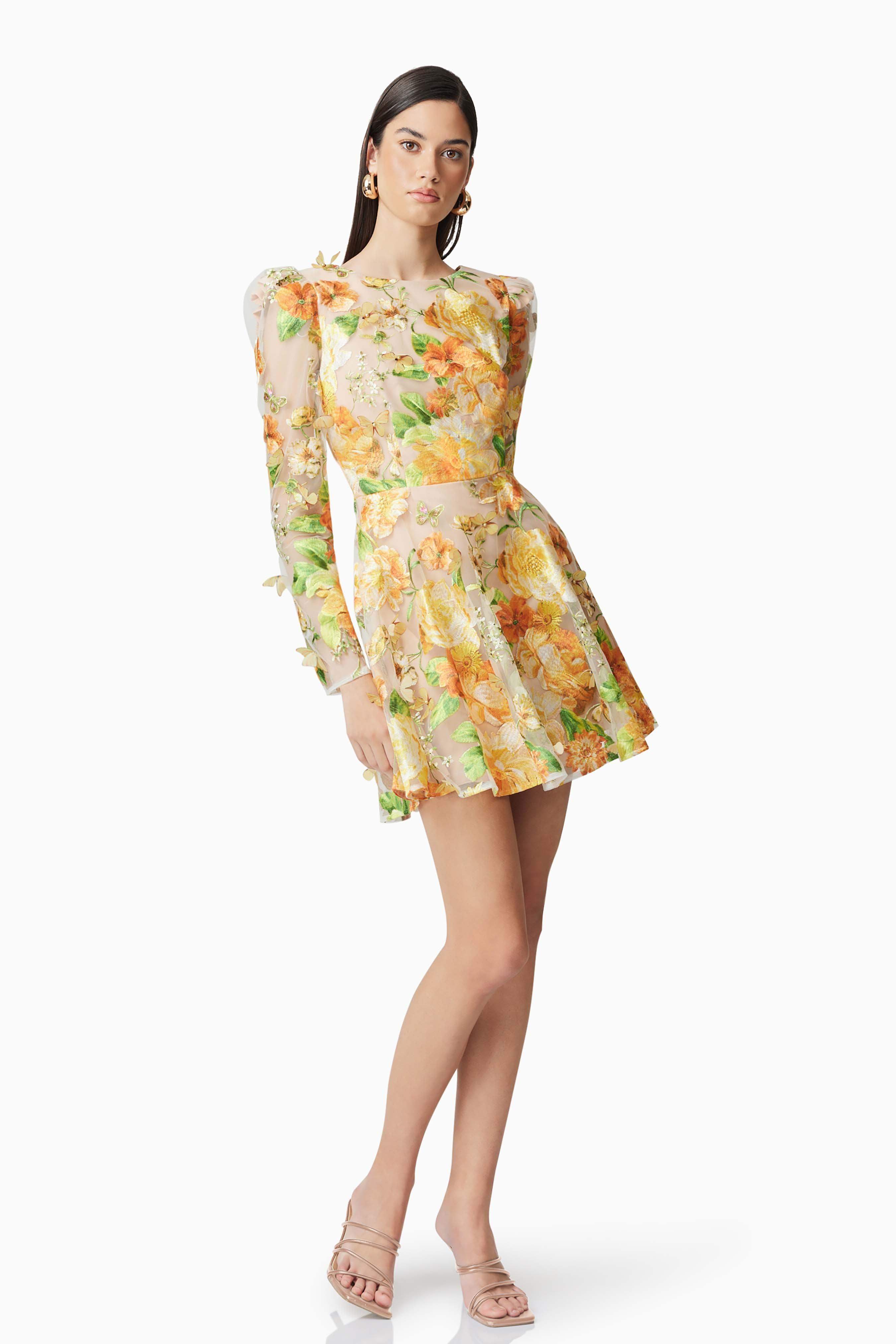 Aella Yellow Floral Embroidery A-Line Mini Dress for Women - Perfect for Summer Parties, Weddings & Casual Outings