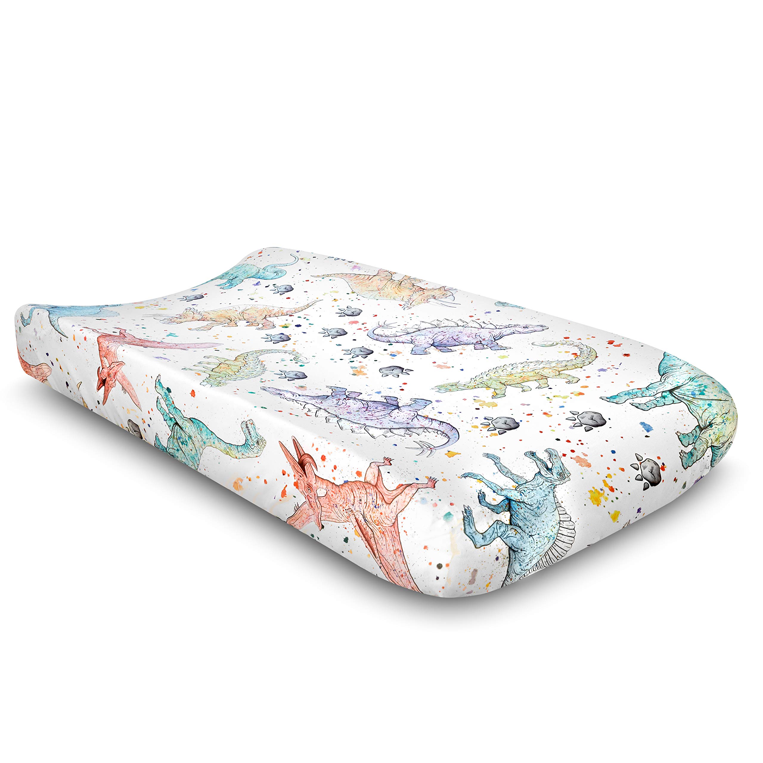 Soft Stretchy Watercolor Dinosaur Jersey Knit Changing Pad Cover - Breathable Baby Changing Table Cover for Nursery & Diaper Station