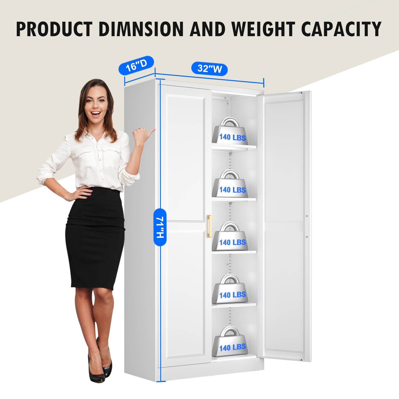 White Kitchen Pantry Cabinet with Adjustable Shelves & Doors - 71