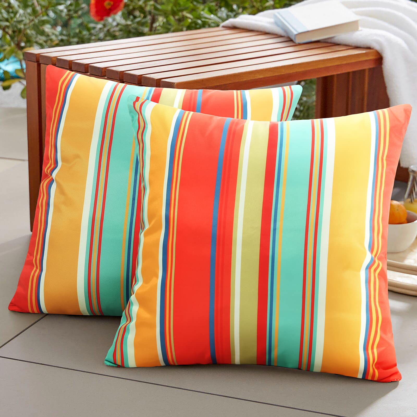 Waterproof Outdoor Pillow Covers Set of 2 - 20x20 Inch Decorative Square Beach Pillow Cases for Patio, Porch, Garden Furniture, Tent & Couch - Red Stripe Design (Perfect for Poolside Lounging, Camping & Coastal Home Decor)