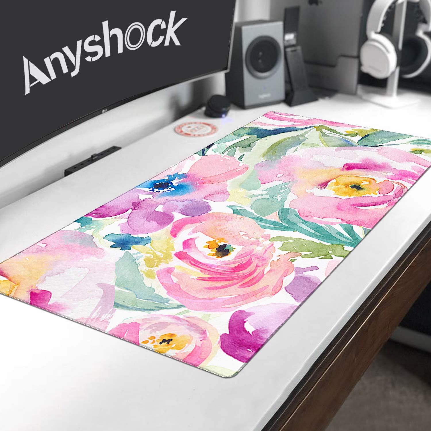 Floral Mouse Pad - Large Non-Slip Desk Mat for Keyboard and Mouse | Cute Stitched Edge Office & Home Desk Pad | 31.5