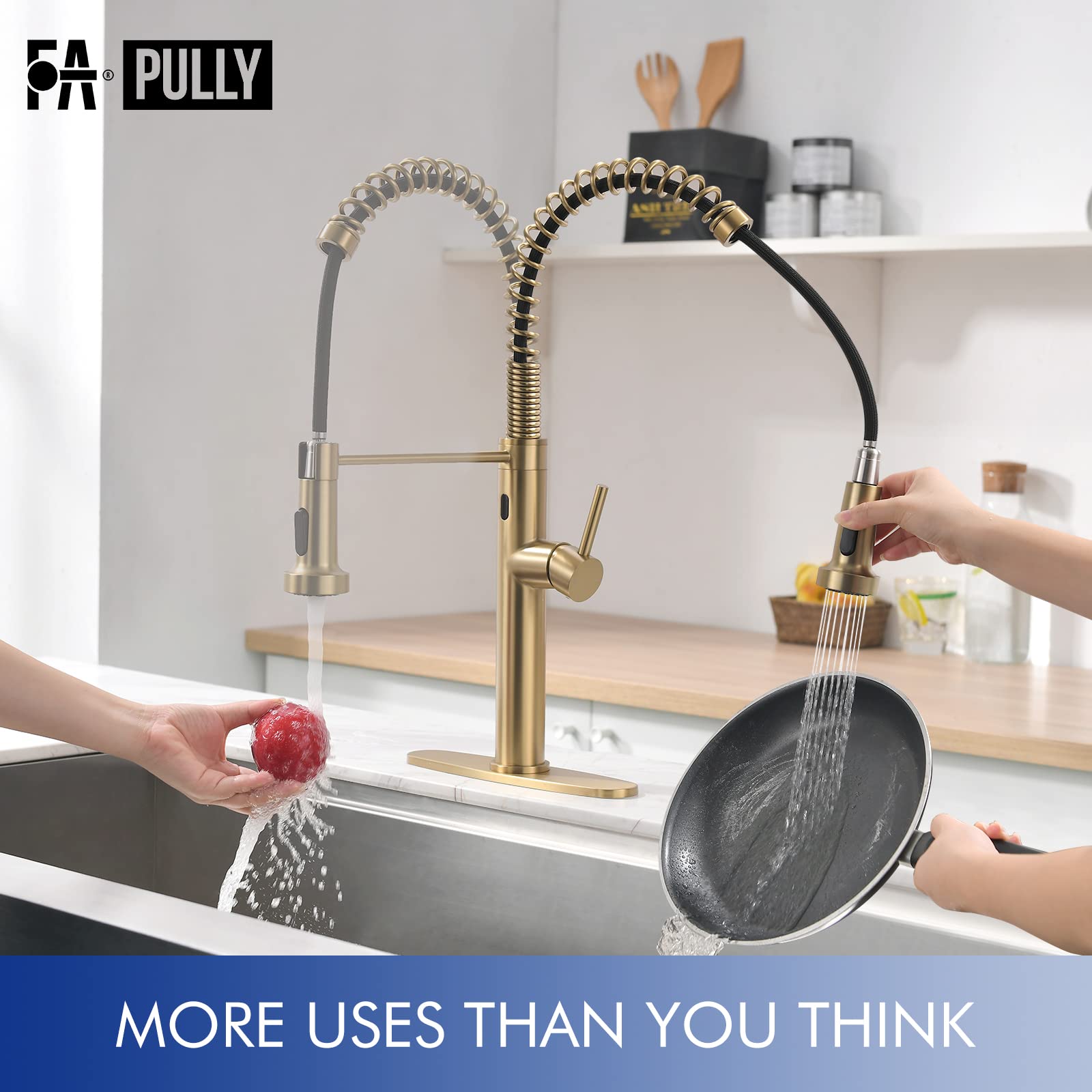 Fapully Touchless Kitchen Faucet with Pull Down Sprayer, Brushed Gold Motion Sensor Smart Single Handle Faucet for Kitchen Sink - Ideal for Modern Homes and Commercial Use
