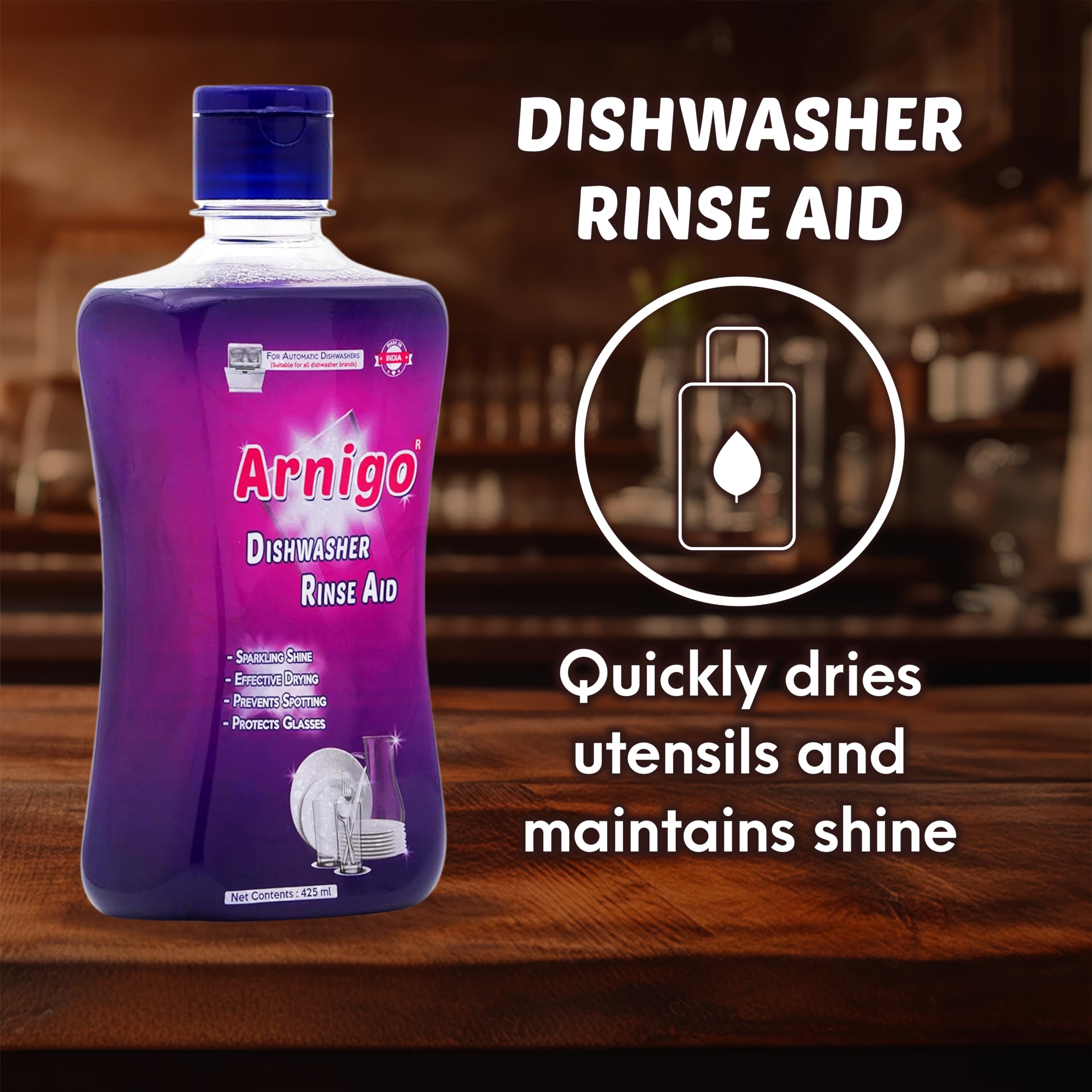 Arnigo Dishwasher Rinse Aid for All Brands - Eliminates Streaks on Glassware, Speeds Drying, Protects Glass with Brilliant Shine - Lemon Scent (425ml) - Perfect for Sparkling Clean Dishes, Wine Glasses & Everyday Dishwashing
