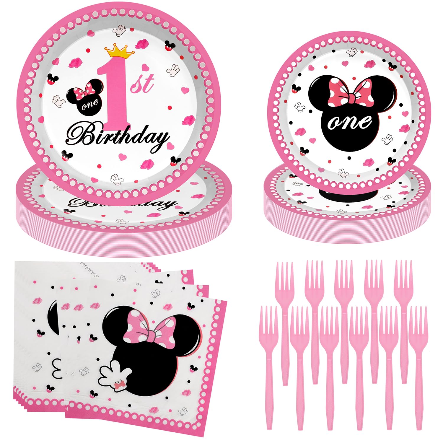 96pcs Pink Minnie Mouse Party Supplies - First Birthday Decorations Set with Plates, Napkins & Forks for Girls | Perfect for Minnie Mouse Themed 1st Birthday Parties, Baby Showers & Disney Celebrations