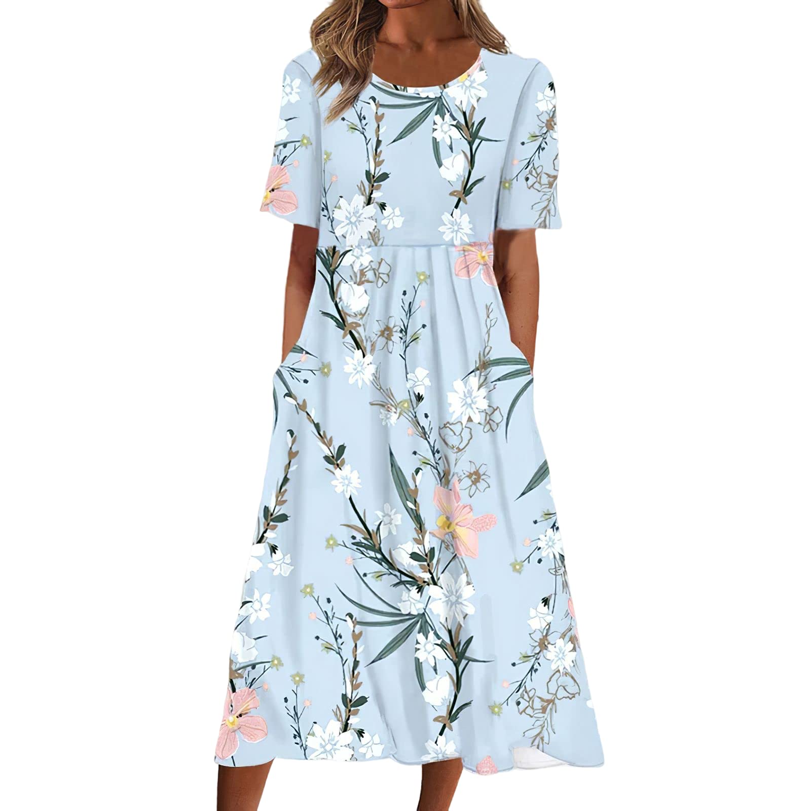 Floral Print Short Sleeve A-Line Midi Dress for Women - Casual Loose Fit Crew Neck Summer Dress with Pockets - Perfect for Beach, Brunch & Everyday Wear