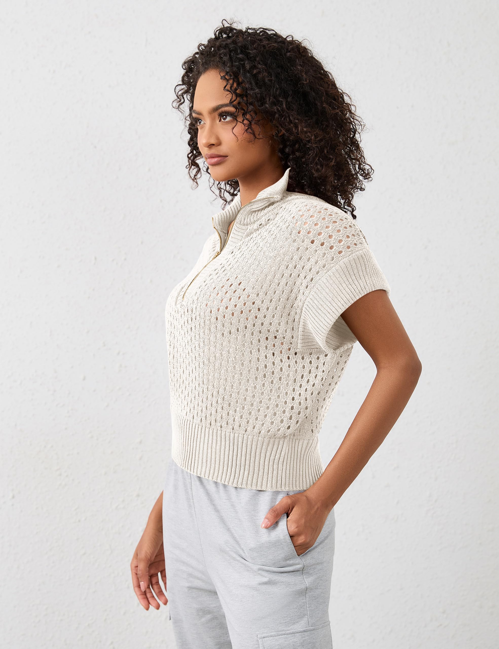 Women's Oversized Crochet Quarter Zip Pullover - Lightweight Hollow Out Spring Sweater with Cap Sleeves | Boho Chic Loungewear for Casual Outings & Coffee Dates