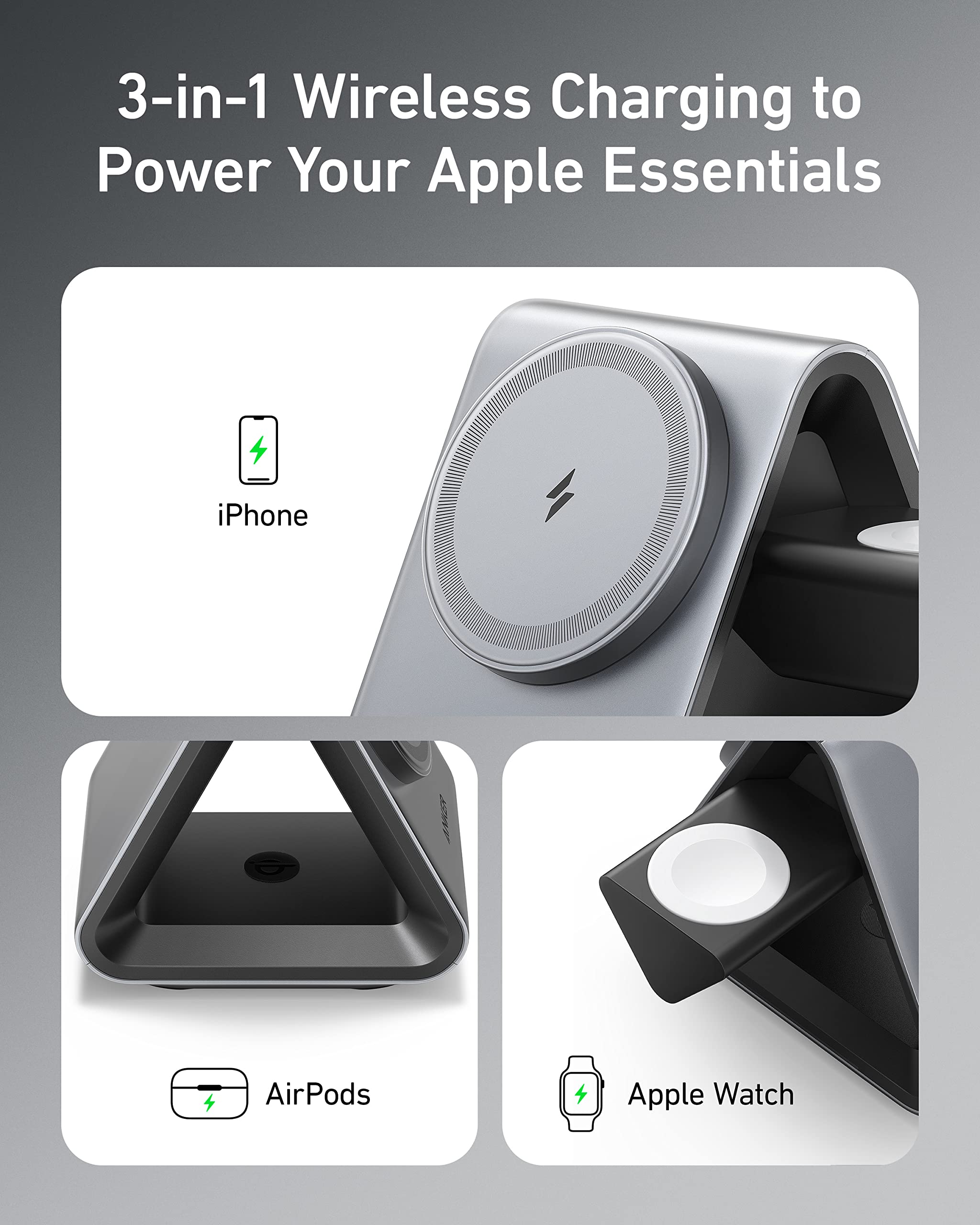 Anker MagSafe Charger Stand 3-in-1 with 15W Fast Charging for iPhone 15/14/13/12, Apple Watch Series 8/7/6 & AirPods | MFi Certified | Includes 30W USB-C Charger | Perfect for Home, Office & Travel Charging Station