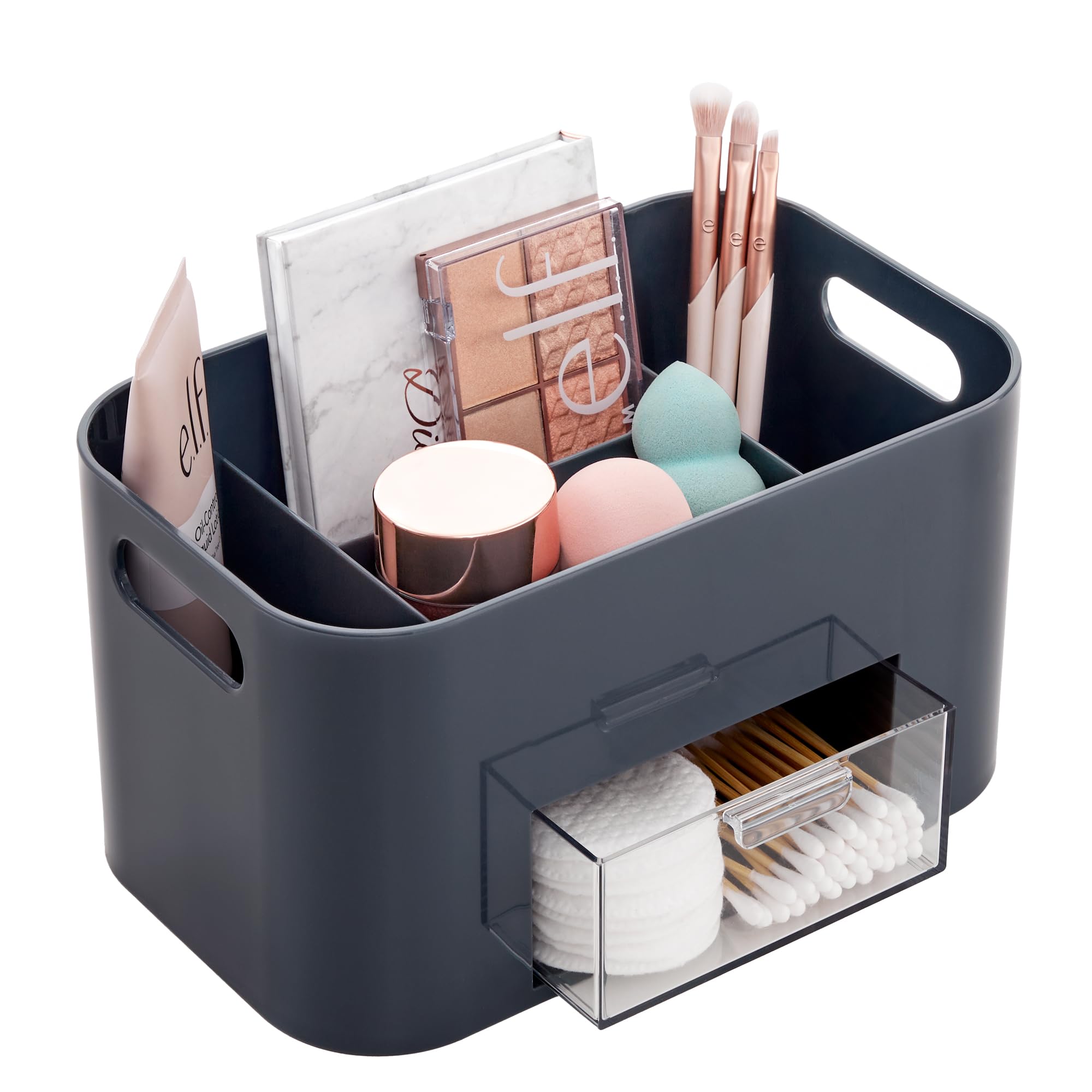 STORi Grey Makeup Organizer with Drawer - 3-Tier Cosmetic Storage Case for Vanity, Bathroom & Travel | Acrylic Beauty Organizer for Lipstick, Brushes & Skincare Products