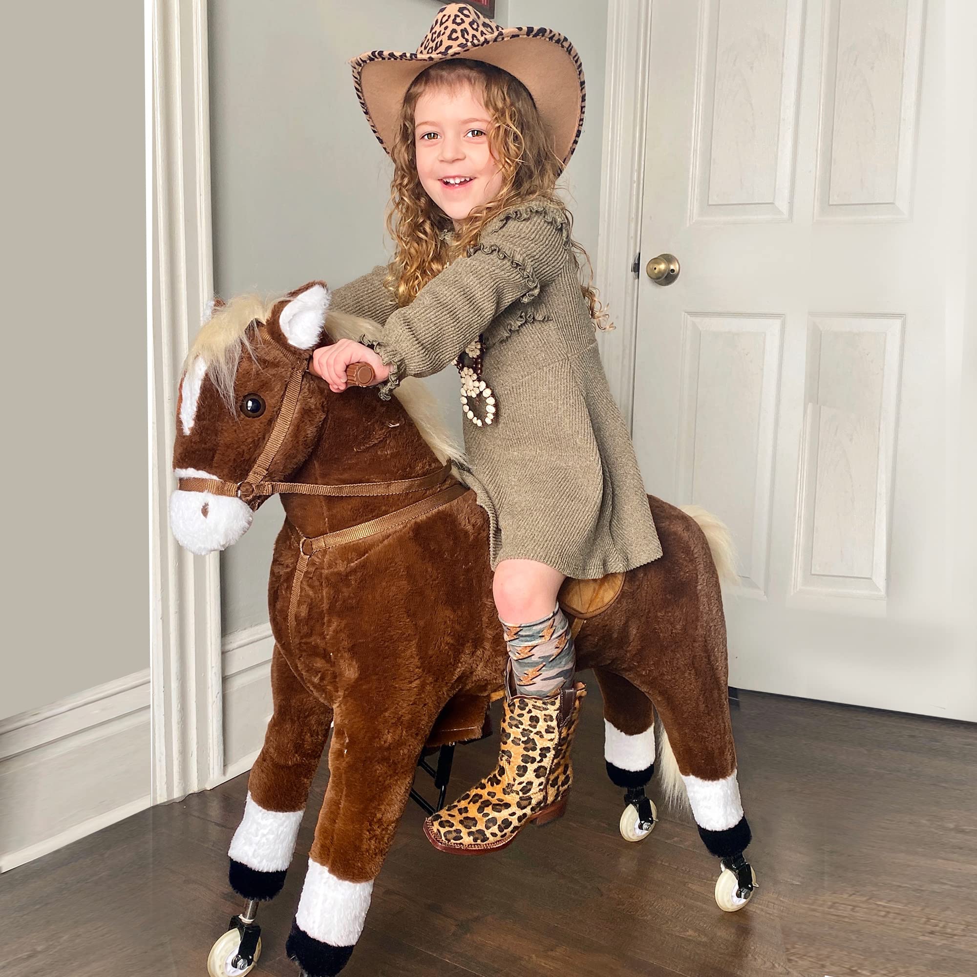 Qaba Kids Ride-on Walking Horse Toy with Easy Rolling Wheels - Soft Huggable Plush Body - Large Size for Ages 5-16 - Perfect for Indoor Play, Outdoor Fun & Imaginative Playtime