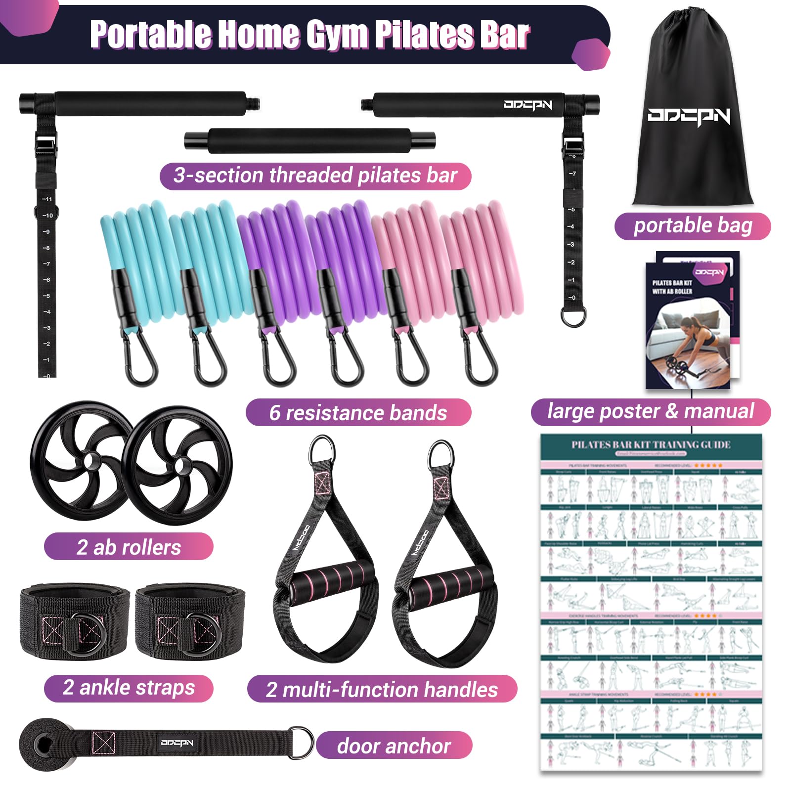 Pilates Bar Kit with Resistance Bands - Multifunctional Exercise Bar with Ab Roller for Pilates, Abs & Weight Loss - Portable Home Gym Equipment for Full Body Workout - Perfect for Women's Fitness & Home Training