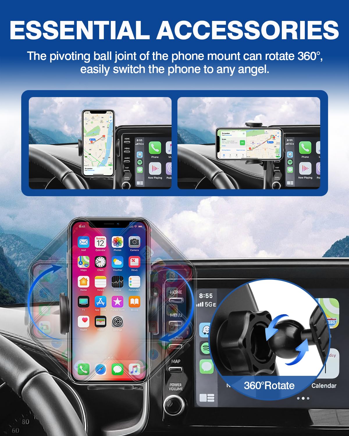 Custom Fit Car Phone Holder for 2019-2022 Toyota C-HR | 360° Rotating Phone Mount with 8