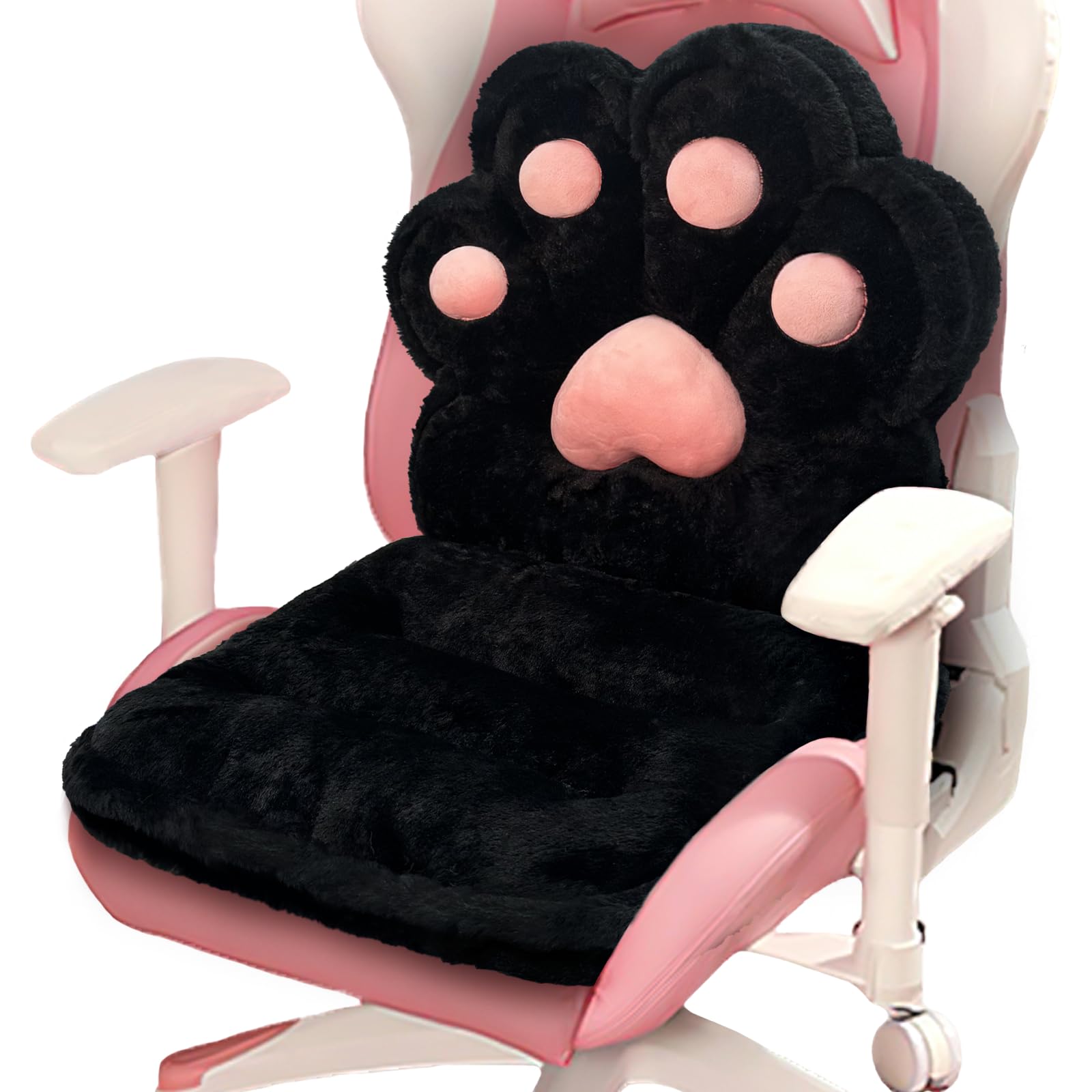 L-Shape Cat Paw Cushion - Soft Faux Rabbit Fur Gaming Chair Pillow for Office & Home, Kawaii Plush Seat Cushion for Desk Chairs, Ergonomic Support & Room Decor (Black) - Perfect for Gaming, Working & Relaxing