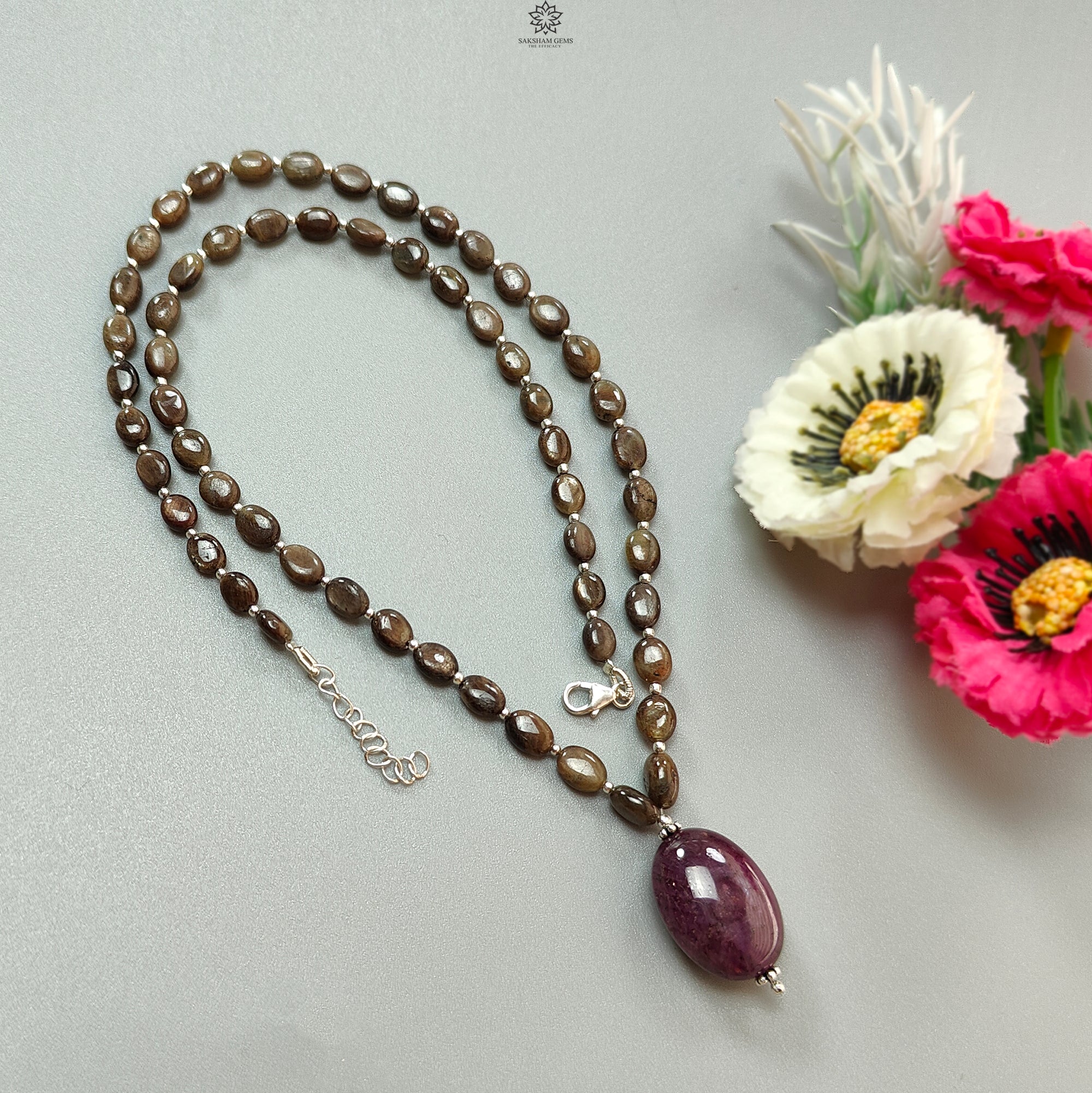 Natural Golden Chocolate Sapphire & Ruby Gemstone Beads Necklace - 925 Sterling Silver Oval Pendant (6x5mm, 8x6mm) 25.21g - Elegant Jewelry for Women, Perfect for Weddings, Parties & Special Occasions