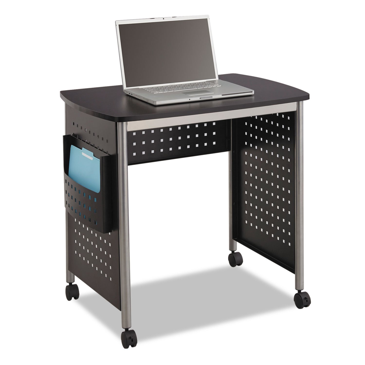 Safco 1907BL Mobile Rolling Sit Stand Workstation with Low Profile Side Organizer - Adjustable Height Desk for Home Office, Classroom & Workspace - Black (Ergonomic Standing Desk Solution for Productivity)