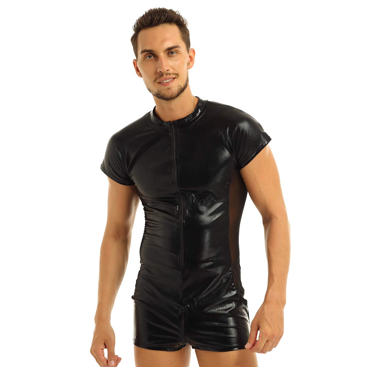 CHICTRY Men's Wet Look Black Leather Bodysuit - Sexy Mesh Catsuit Clubwear for Nightlife & Costume Parties | Perfect for Halloween, Cosplay & Fetish Events