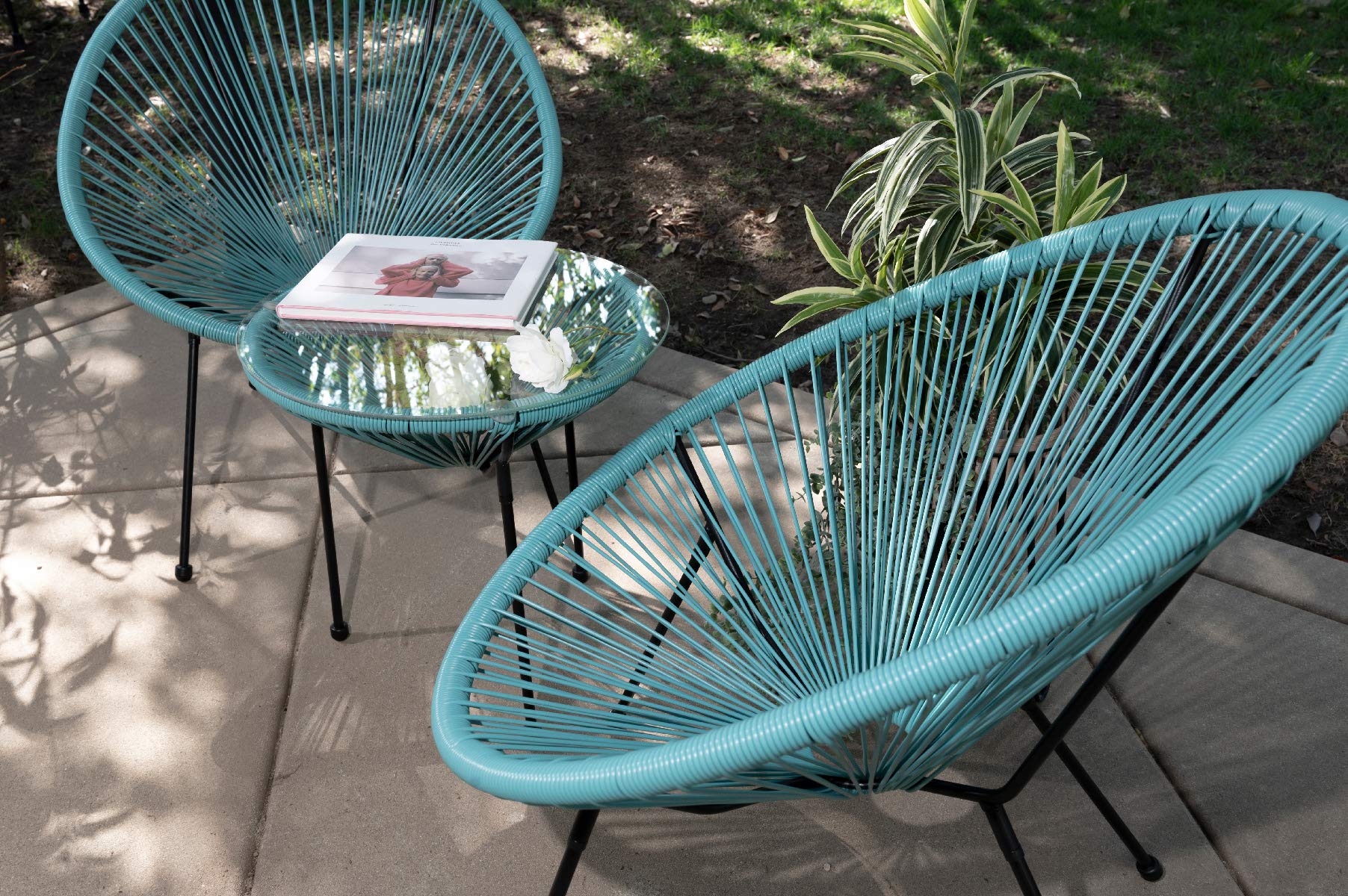 Barton 3-Piece Acapulco Chair Set with Glass Table - Aqua Blue Outdoor Patio Furniture, Wicker Rattan Modern Conversation Seating for Garden, Poolside & Backyard Relaxation
