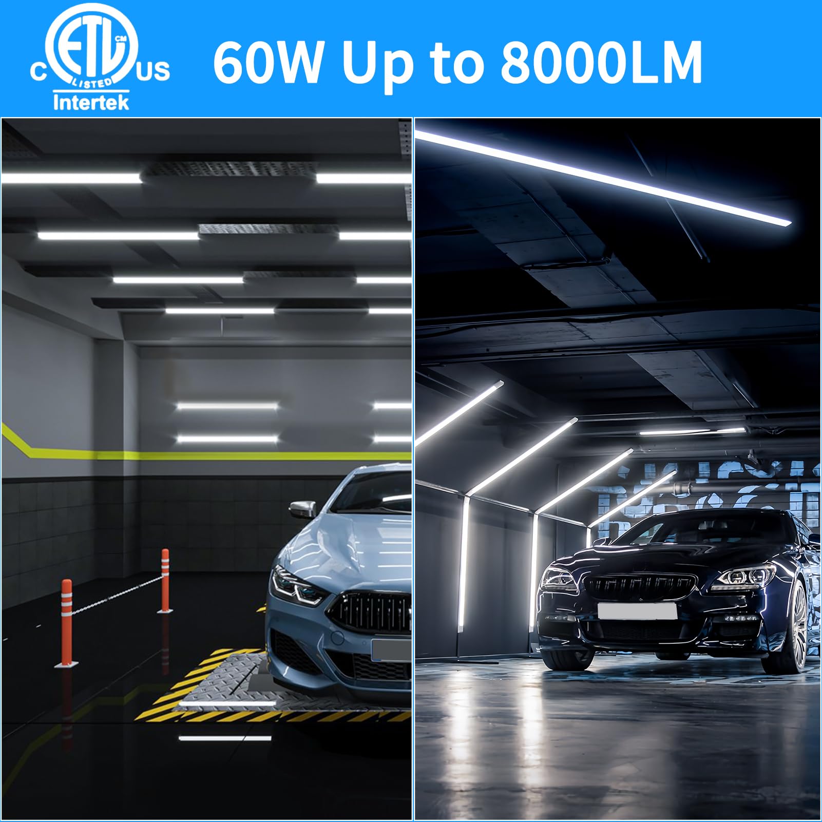 4-Pack Linkable 6FT LED Shop Lights for Garage - 60W T8 Integrated Tube Fixture, 8000LM Daylight White (6000K), V-Shape Clear Lens, Plug & Play - Perfect for Basements, Workshops, and Office Lighting