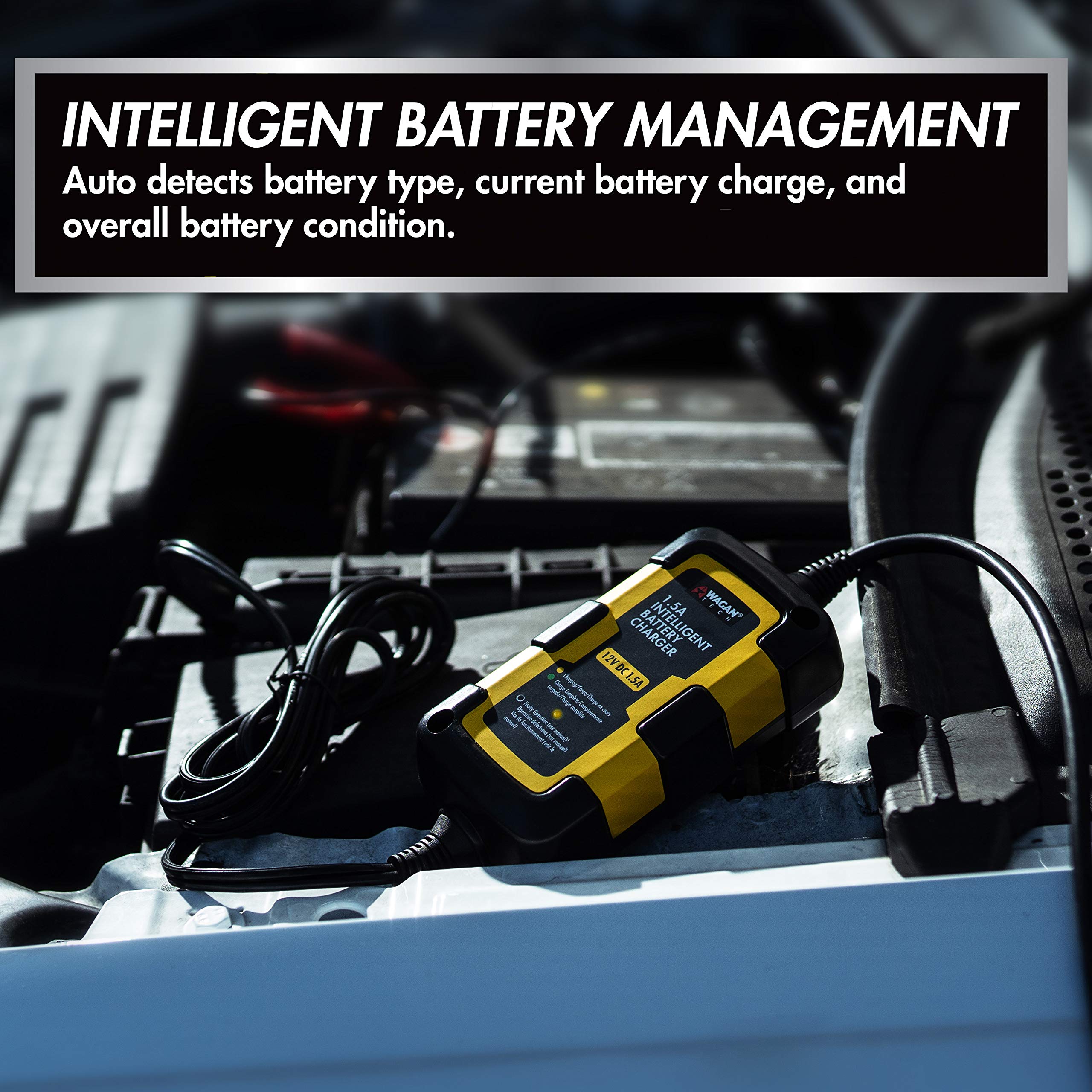 Wagan EL7402 12V 1.5A Smart Battery Charger & Maintainer - Fully Automatic for Cars, Motorcycles, Boats & RVs - Ideal for Long-Term Storage & Winter Maintenance