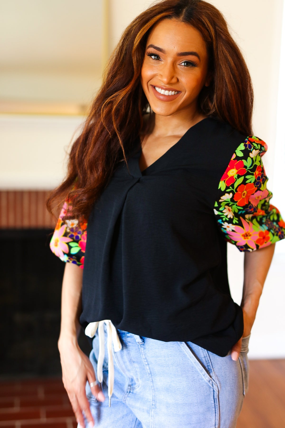 Eyes On You Black Floral Puff Sleeve V Neck Top - Women's Fashion Blouse for Date Night & Special Occasions