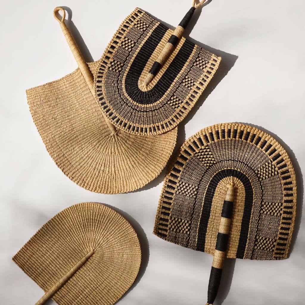 Authentic Bolga Basket Fans - Handwoven Black & Natural Straw Fans for Home Decor, Wedding Favors & Tropical Themed Parties | Perfect for Wall Decor, Gift Giving & Boho Style Interiors
