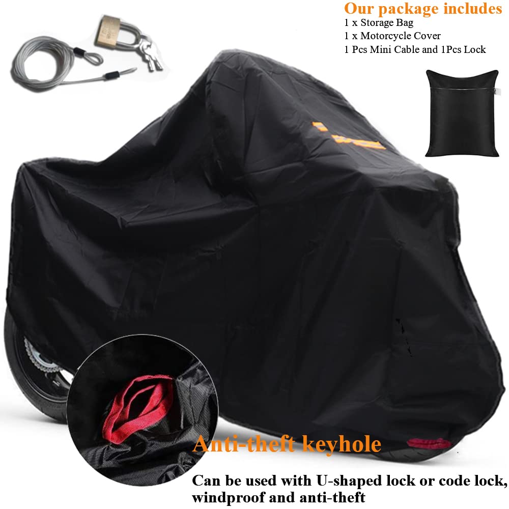 420D Oxford Waterproof Motorcycle Cover with Mini Lock & Storage Bag - Outdoor Protector for Bikes (86.61x37.4x43.31in) - Ideal for Garage, Travel & All-Weather Protection