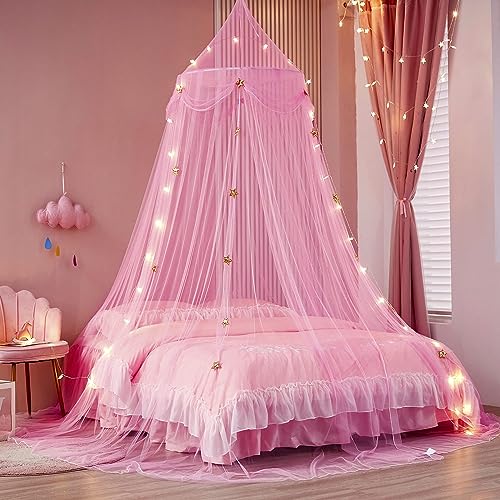 Princess Bed Canopy with Lights - Pink Mosquito Net for Girls & Adults, Round Dome Bed Netting for Romantic Bedroom Decor & Sleep Protection