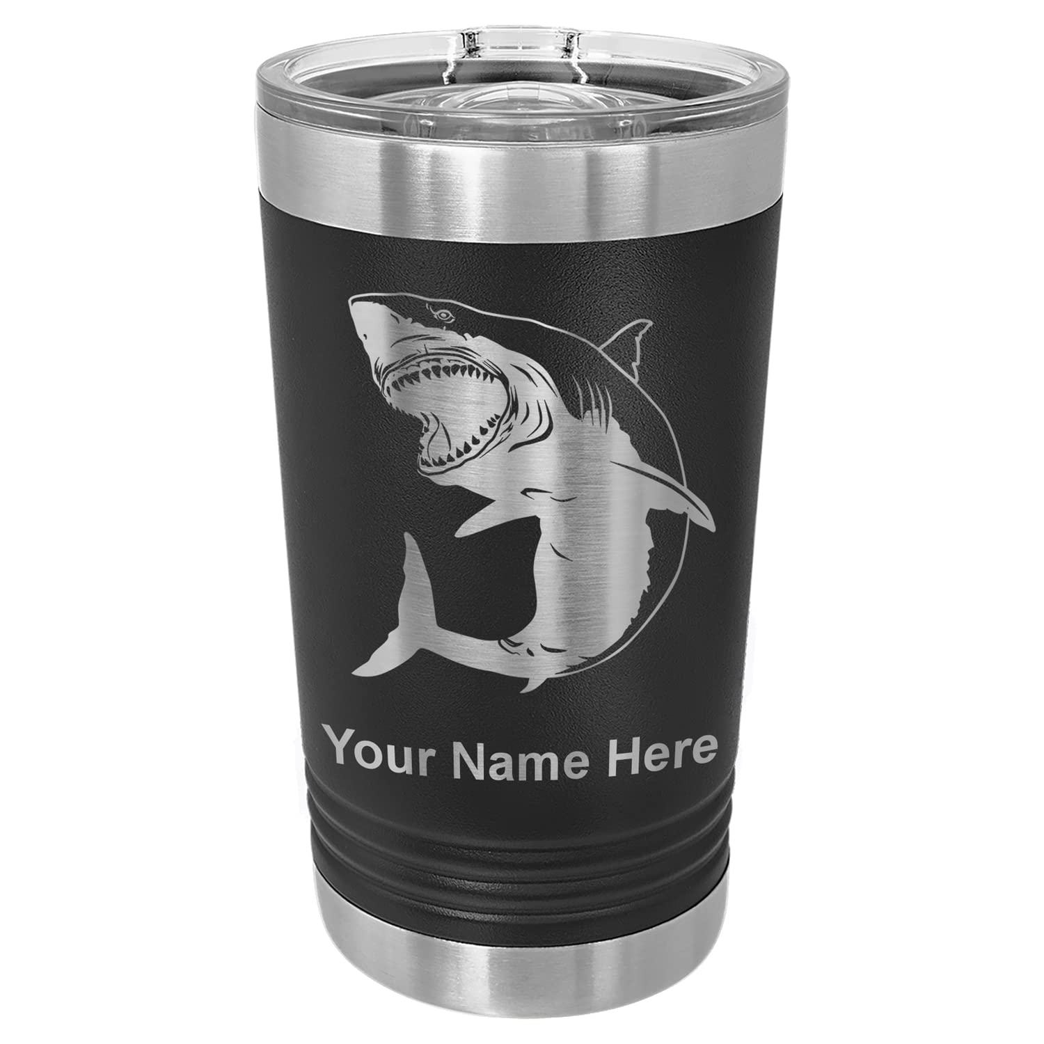 LaserGram 16oz Vacuum Insulated Stainless Steel Tumbler with Lid - Personalized Engraved Great White Shark Design - Keeps Drinks Hot/Cold for Hours - Perfect for Coffee, Tea, Beer & Outdoor Activities (Black)