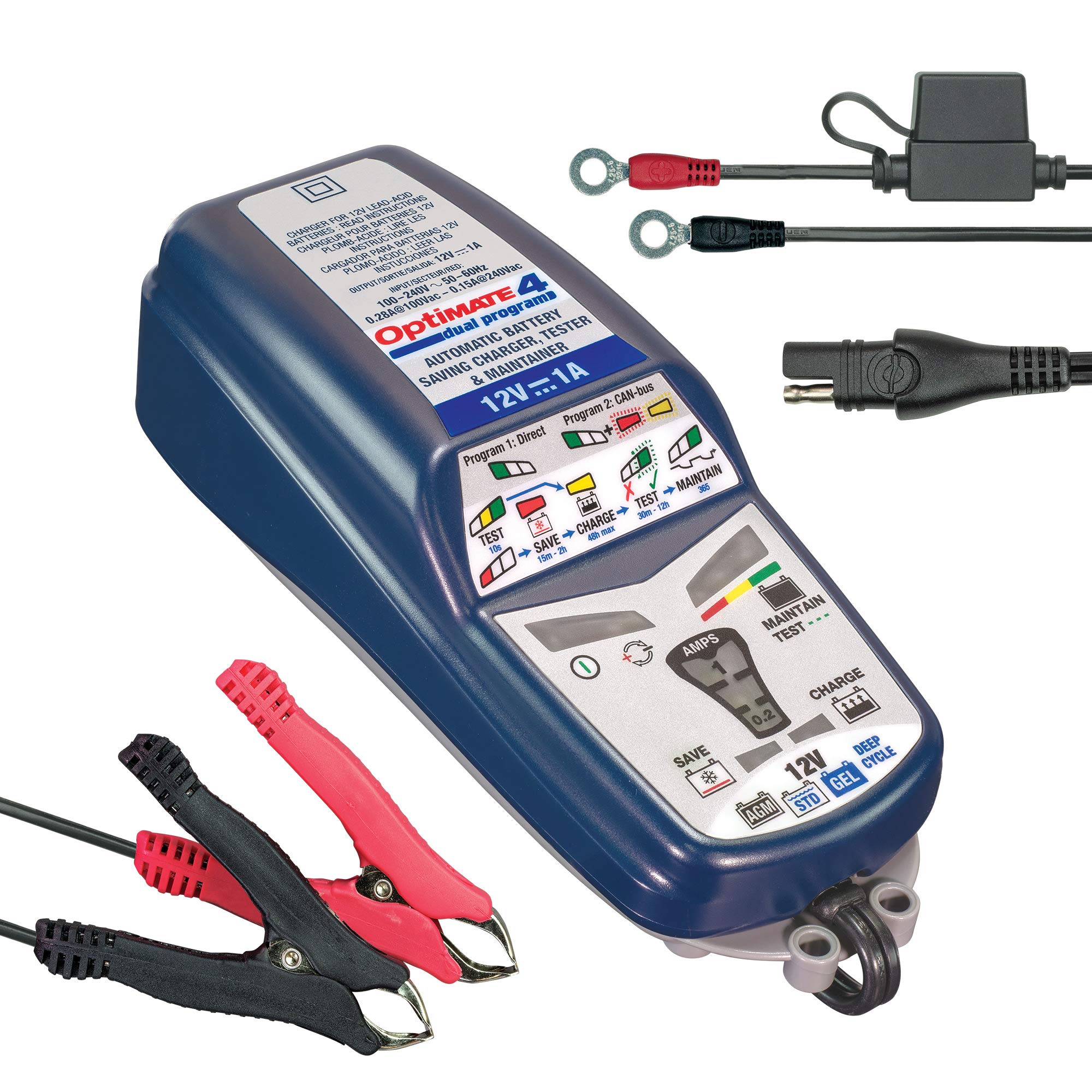 OptiMATE 4 DUAL TM-341 12V 1A 9-Step Battery Charger & Maintainer for Motorcycle, ATV, Boat - Sealed Lead Acid Battery Charger for Long-Term Storage & Maintenance