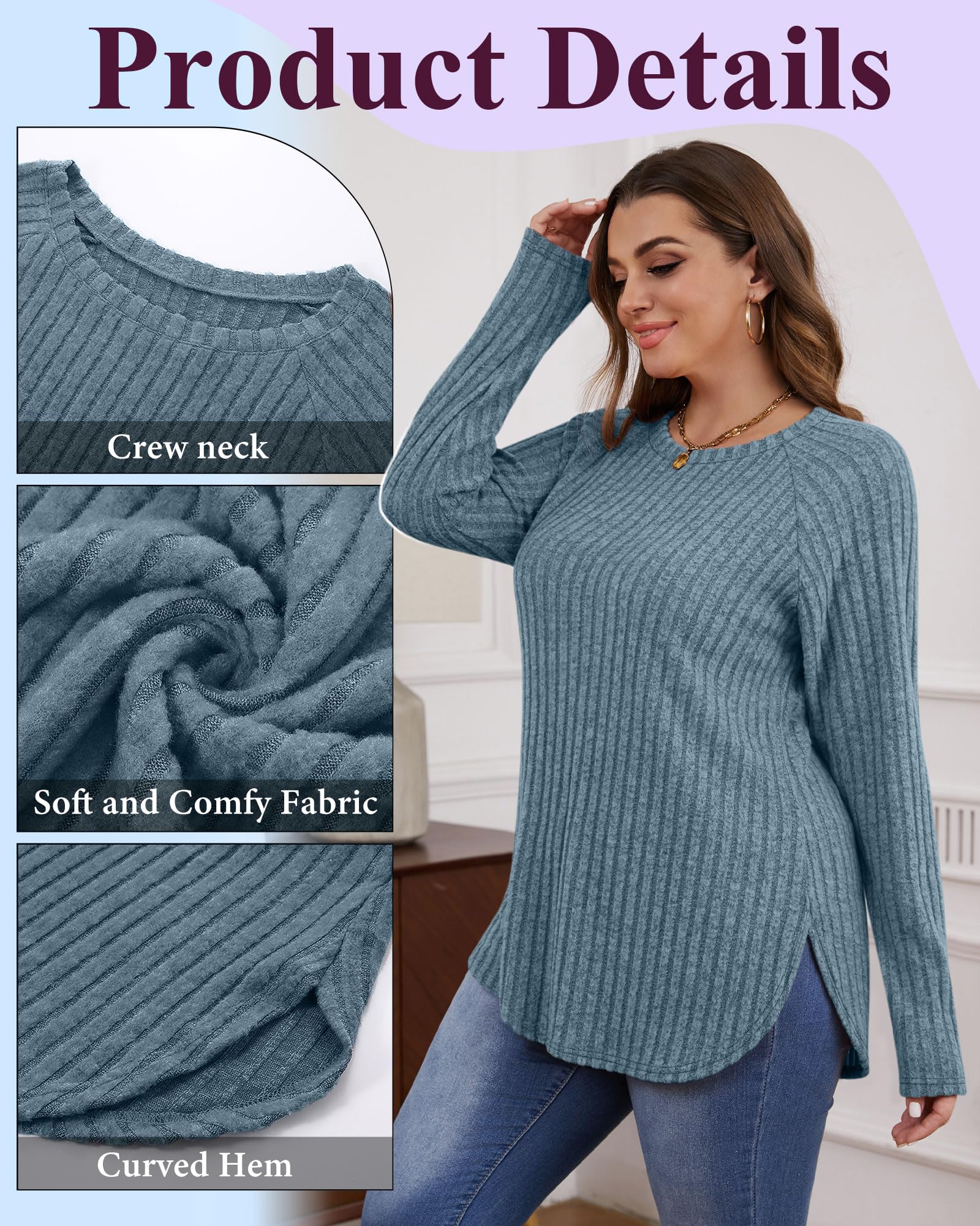 Ficerd 3 Pack Plus Size Tunic Tops for Women - Long Sleeve Crew Neck Pullover Sweaters with Curved Hem & Side Split | Casual Office Wear, Layering Essentials & Fall Fashion Outfits