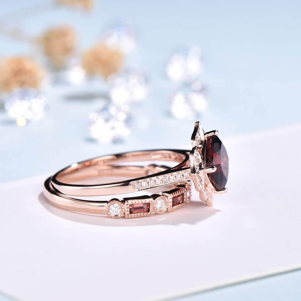 Floral Garnet and Diamond Wedding Ring Set - January Birthstone Jewelry for Engagement, Anniversary & Special Occasions