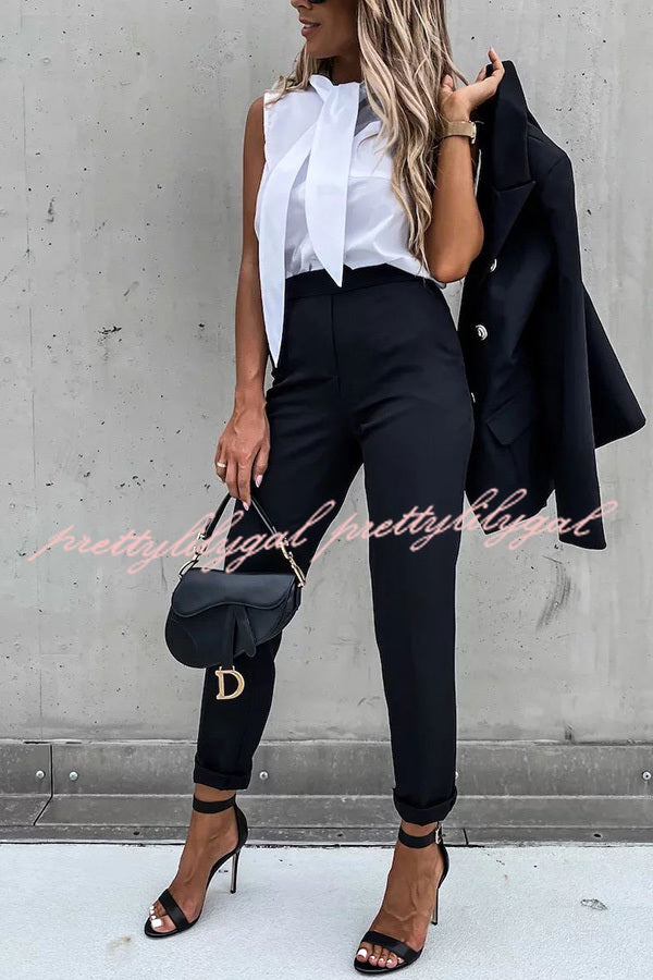 Stylish Women's Lapel Button Pocket Long Sleeve Blazer with Elastic Waist Pants Suit Set - Perfect for Office Wear, Business Meetings, and Formal Occasions