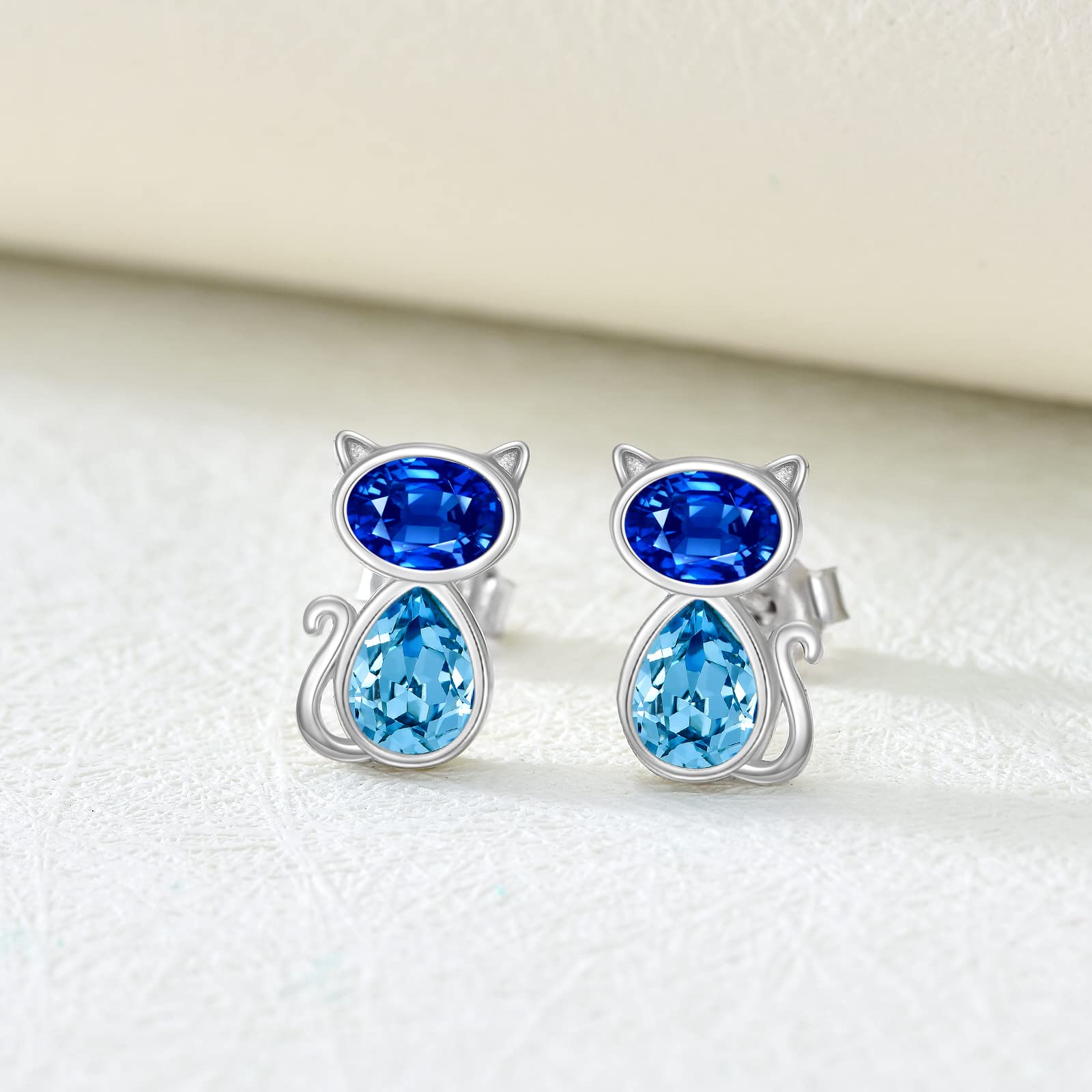 OBOCO Sterling Silver Cat Jewelry Set - Blue Purple Austrian Crystal Adjustable Ring & Stud Earrings | Adorable Kitten Pet Jewelry for Cat Lovers | Perfect Anniversary Gift for Women | Great for Casual Wear, Date Nights & Cat-Themed Parties