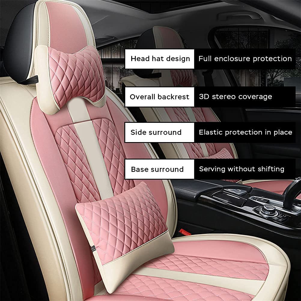 Luxury PU Leather Front & Rear Seat Covers with Headrest Backrest Cushions for Ford Maverick - Comfortable, Stylish Pink & Beige Car Seat Protectors - Perfect for Daily Commute, Road Trips & Vehicle Interior Protection