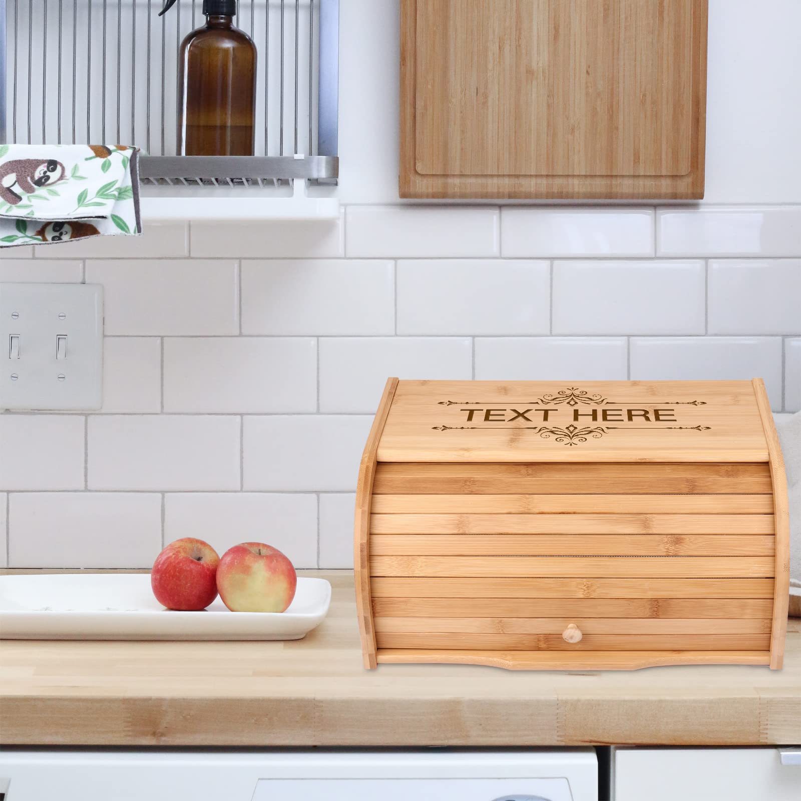 OXYEFEI Natural Bamboo Bread Box with Custom Engraving - Kitchen Counter Organizer & Food Storage Container - Perfect for Bread, Pastries, and Baked Goods - Easy Assembly Required