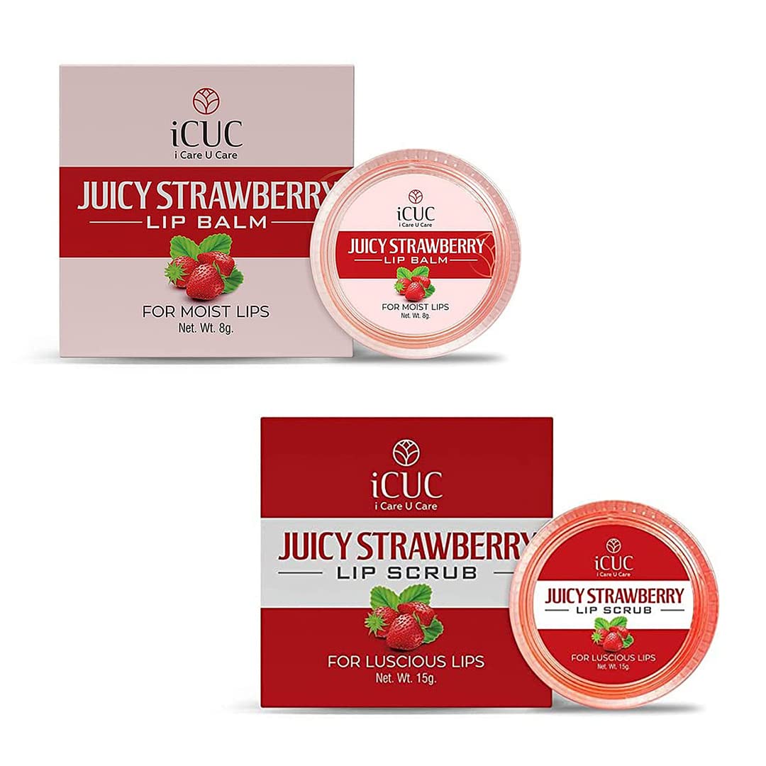 iCUC Lip Care Combo - Juicy Strawberry Lip Balm & Lip Scrub with Shea Butter & Vitamin E for Hydrated Lips | Exfoliates Dead Skin, Moisturizes Dry & Chapped Lips | Perfect for Men & Women | Ideal for Winter Care, Daily Use & Gift Sets