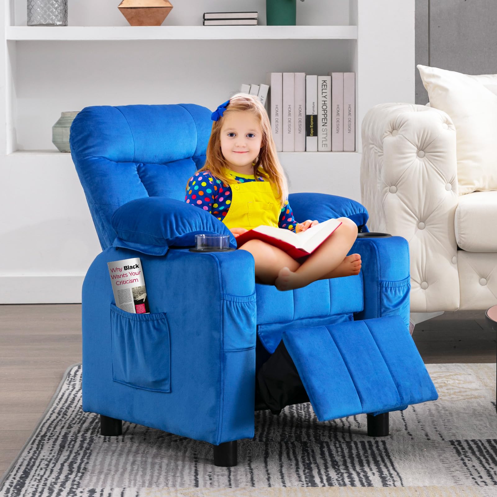 **Kids Recliner Chair with Cup Holder - Adjustable Velvet Lounge Chair with Footrest & Side Pockets - Ergonomic Toddler Sofa for Boys & Girls Bedroom (Navy) - Perfect for Reading, Gaming & Relaxing**