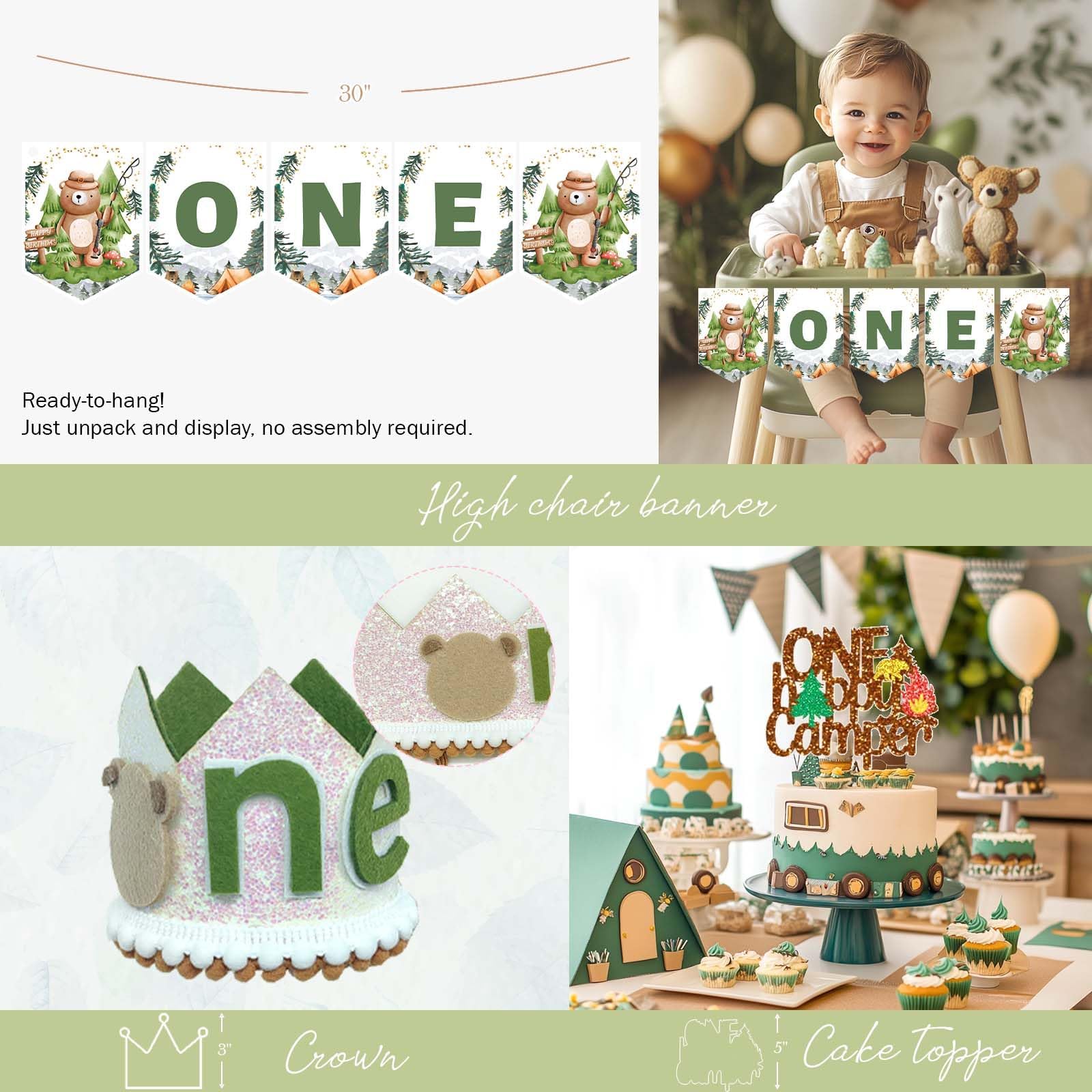 One Happy Camper Birthday Decorations - First Birthday Party Supplies for Boys with Camping Theme, Backdrop, Balloon Garland, Photo Banner, Cake Topper, Box Cutout, Crown & Poster | Perfect for Forest Tent Themed 1st Birthday Celebrations & Outdoor Adventure Parties