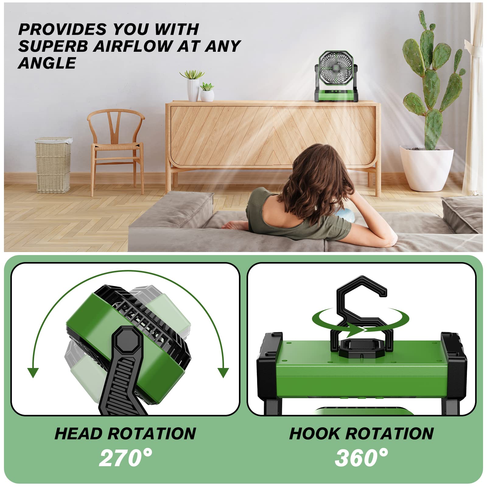 20000mAh Portable Fan with 16 LED Lights - Rechargeable Battery Operated Fan Lasts 58 Hours - Camping Fan & Lantern for Outdoor Adventures, Hiking, Backpacking, and Emergency Use - Green