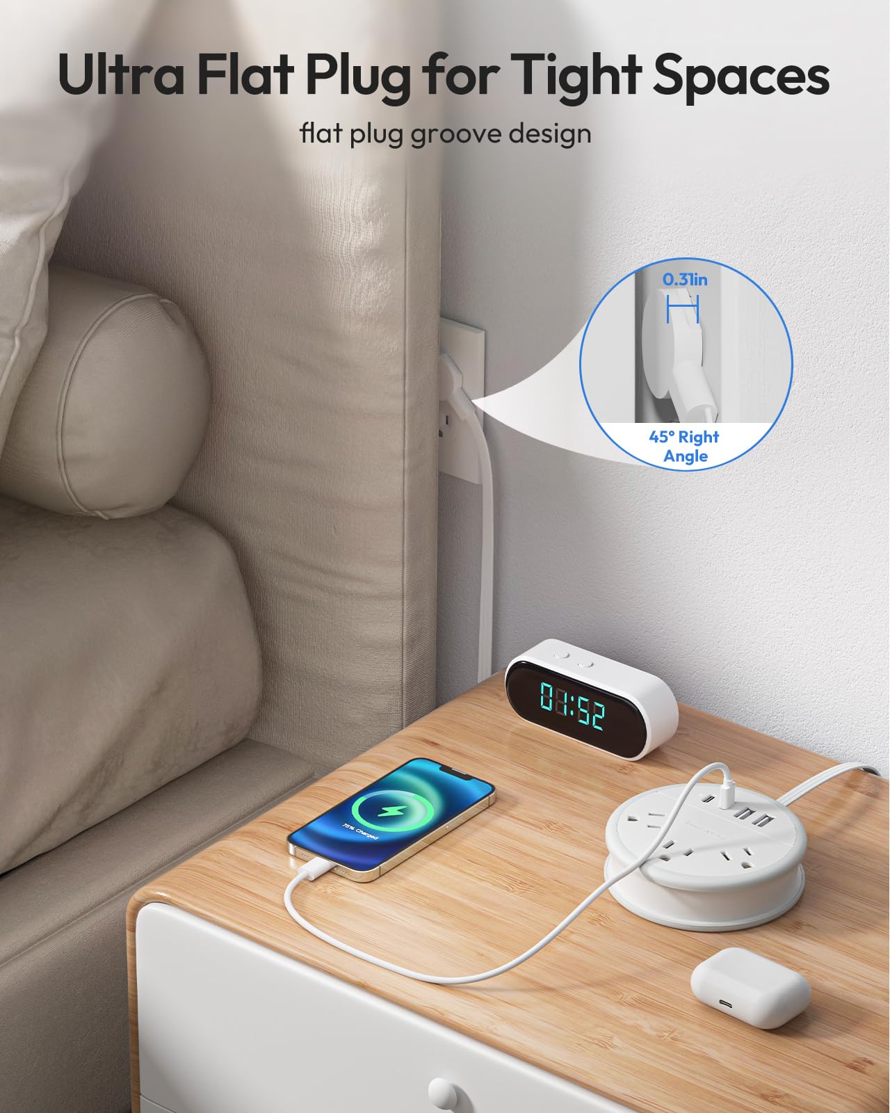 NTONPOWER Travel Power Strip with 3 Outlets & 4 USB Ports (2 USB-C) - 4FT Flat Extension Cord for Cruise, Hotel, Office - Portable Charging Station for Phones, Laptops, Tablets - White Travel Essentials