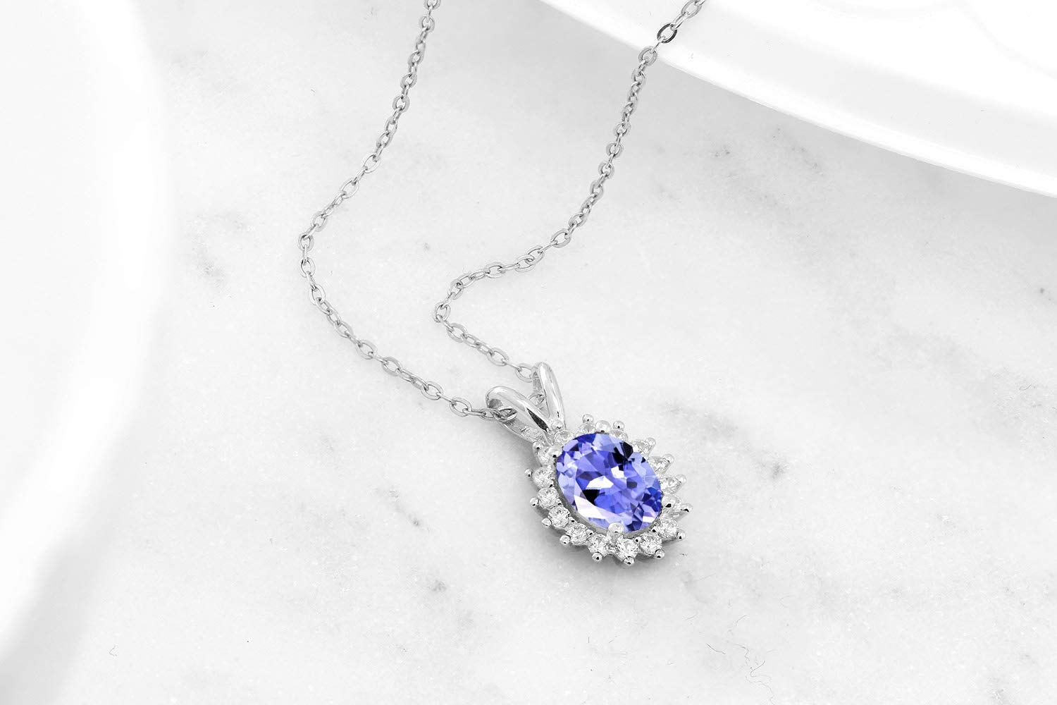Gem Stone King 925 Sterling Silver Oval Birthstone Pendant Necklace for Women - 8x6mm Oval Gemstone with Halo Setting & 18